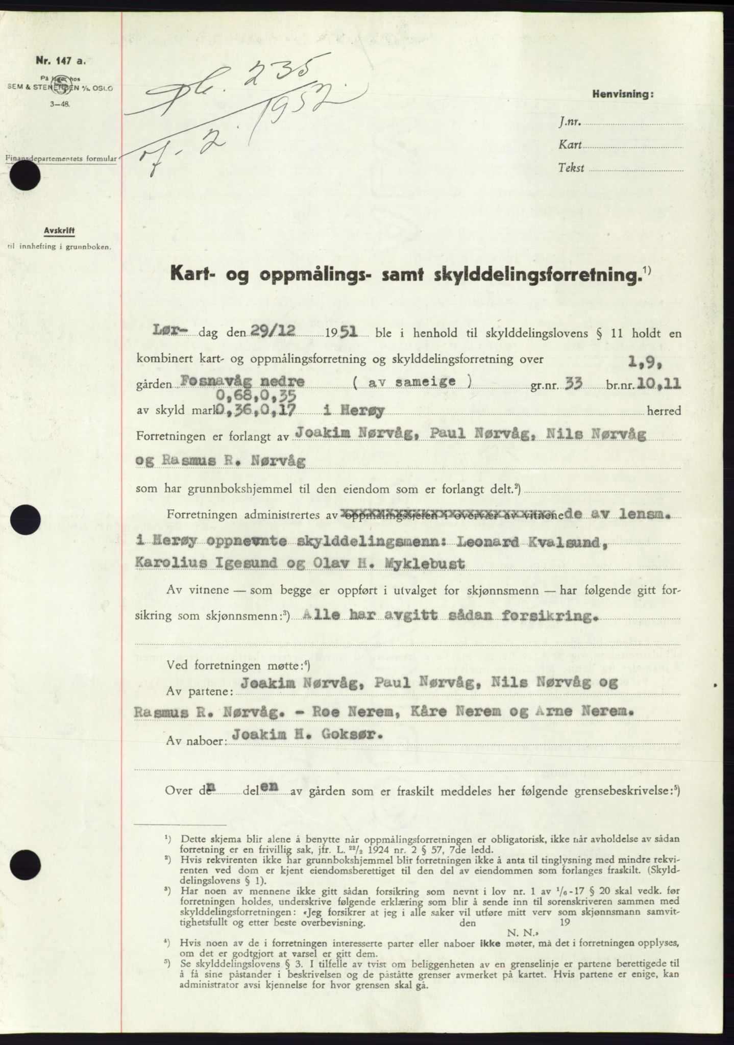 Søre Sunnmøre sorenskriveri, SAT/A-4122/1/2/2C/L0091: Pantebok nr. 17A, 1951-1952, Dagboknr: 235/1952