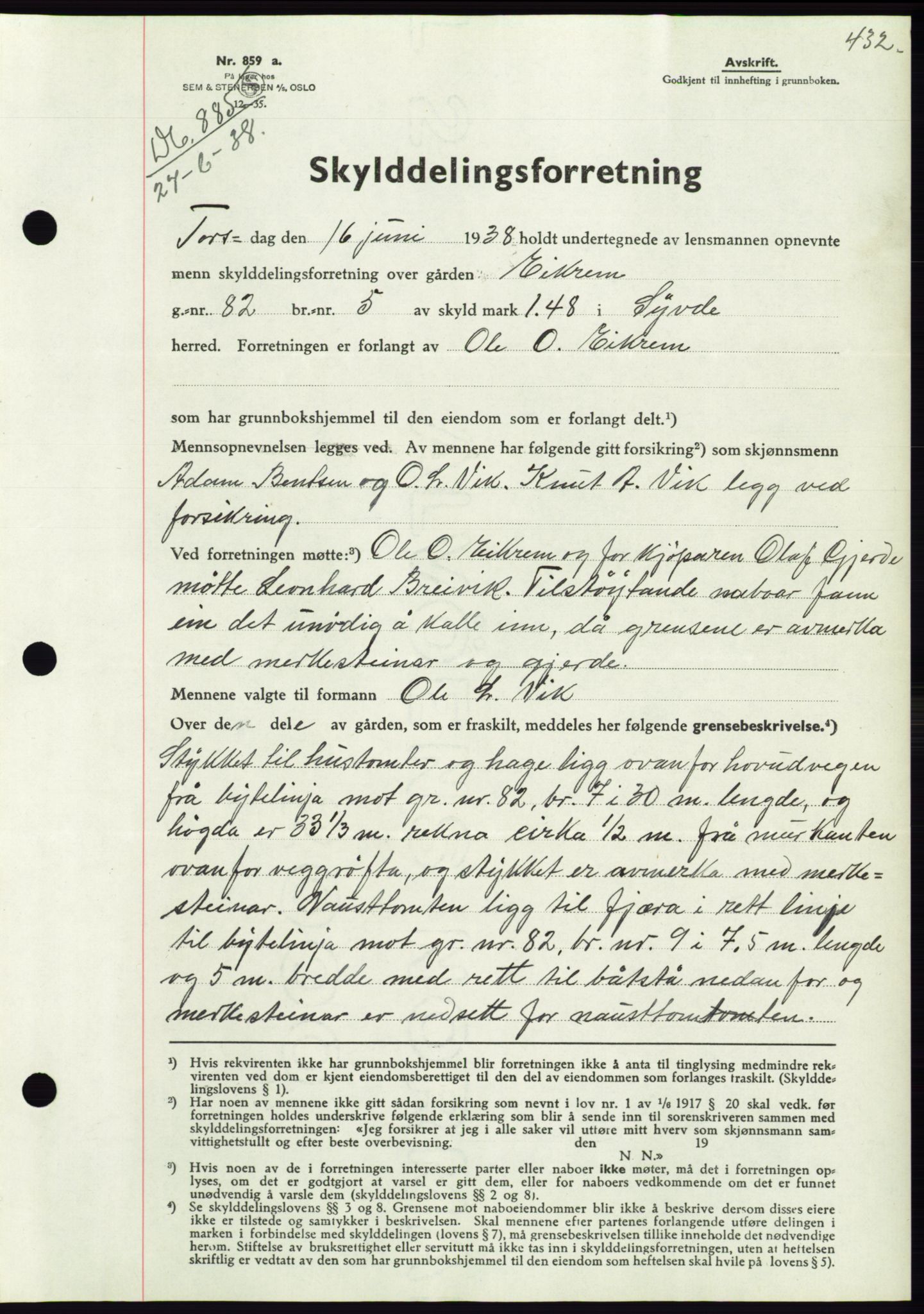 Søre Sunnmøre sorenskriveri, AV/SAT-A-4122/1/2/2C/L0065: Pantebok nr. 59, 1938-1938, Dagboknr: 885/1938