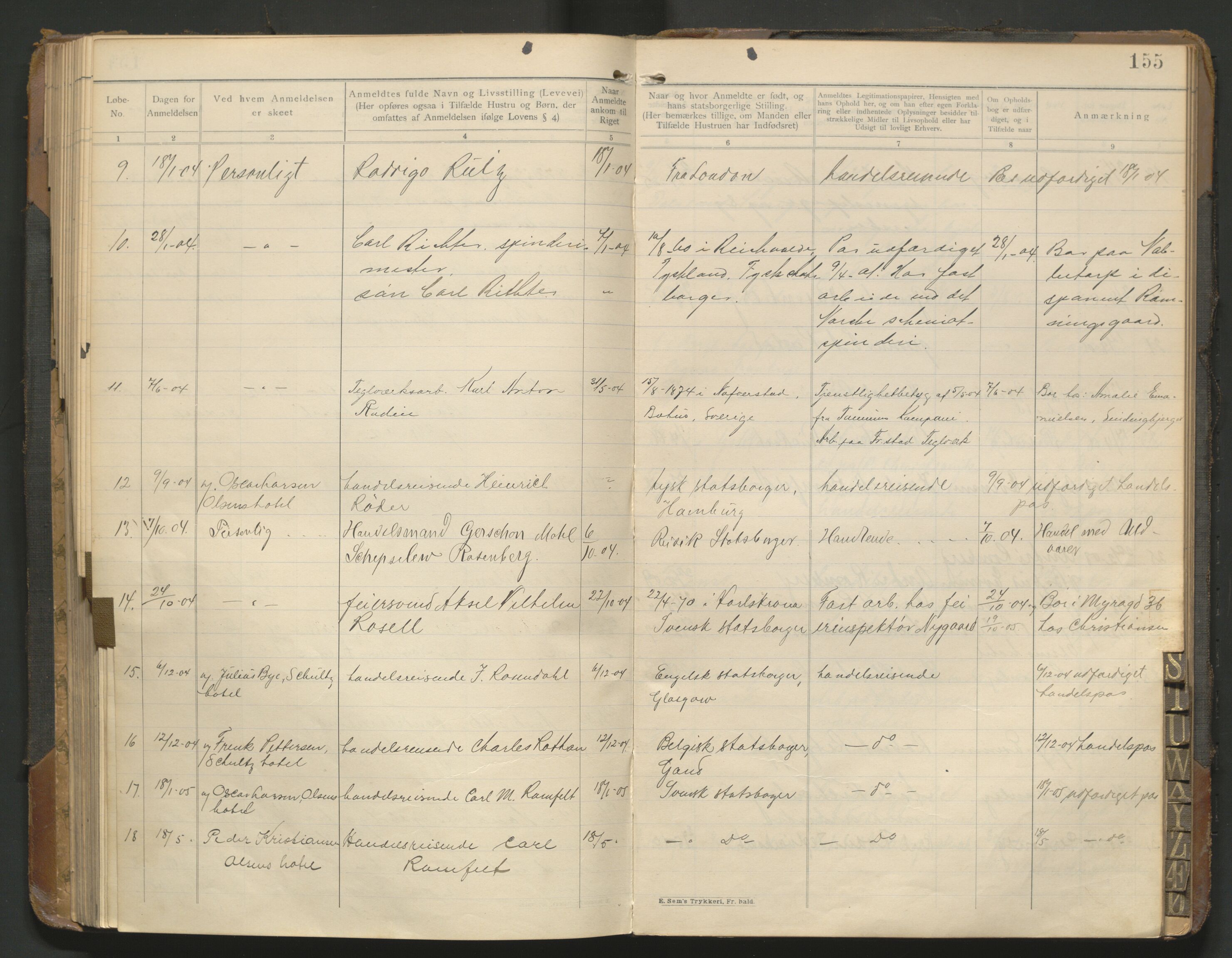 Fredrikstad politikammer, AV/SAO-A-10055/H/Hb/Hba/L0001: Protokoll over fremmede statsborgere, 1901-1916, s. 154b-155a