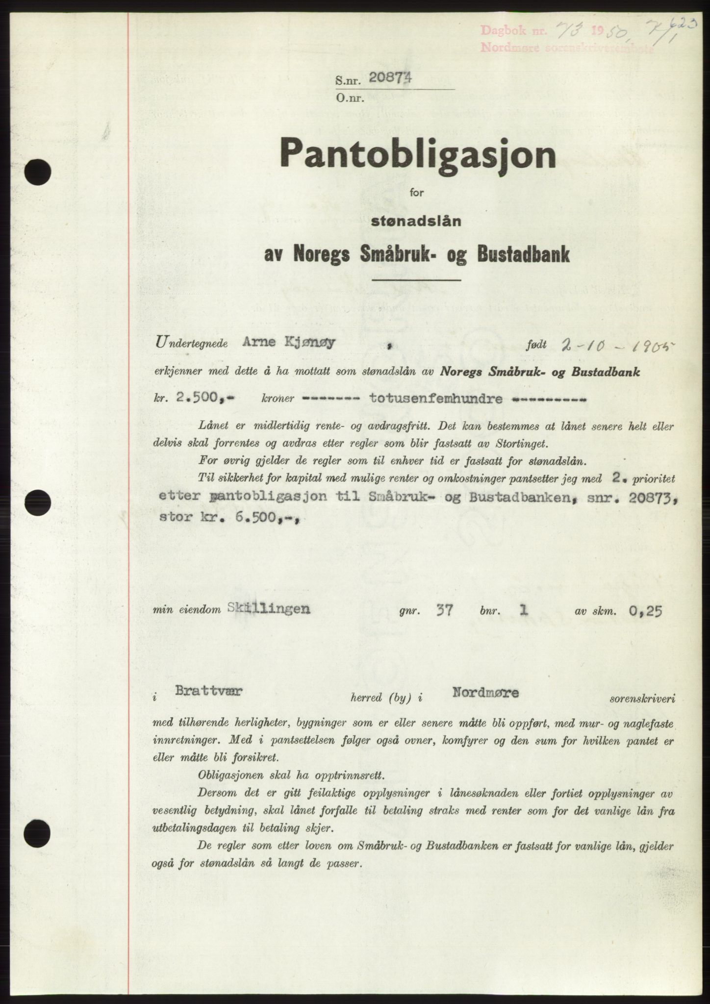 Nordmøre sorenskriveri, AV/SAT-A-4132/1/2/2Ca: Pantebok nr. B103, 1949-1950, Dagboknr: 73/1950