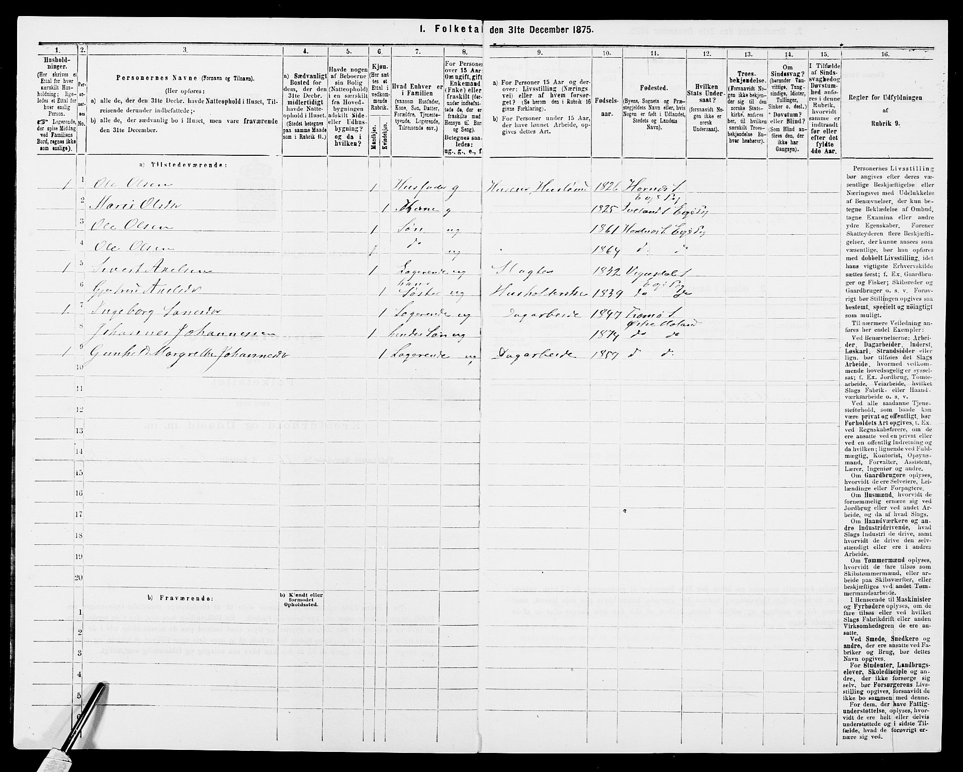 SAK, Folketelling 1875 for 0918P Austre Moland prestegjeld, 1875, s. 461