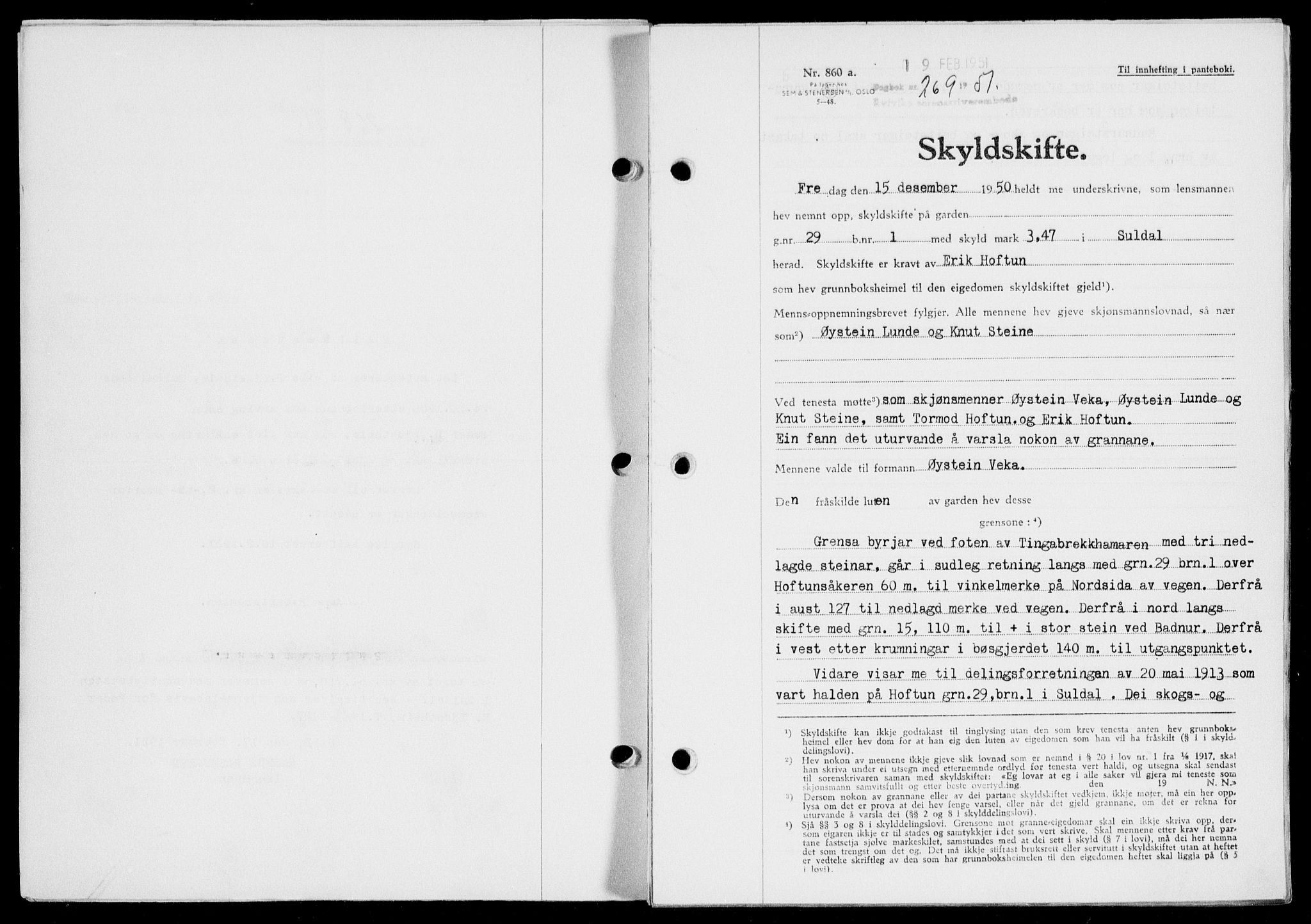 Ryfylke tingrett, SAST/A-100055/001/II/IIB/L0113: Pantebok nr. 92, 1951-1951, Dagboknr: 269/1951