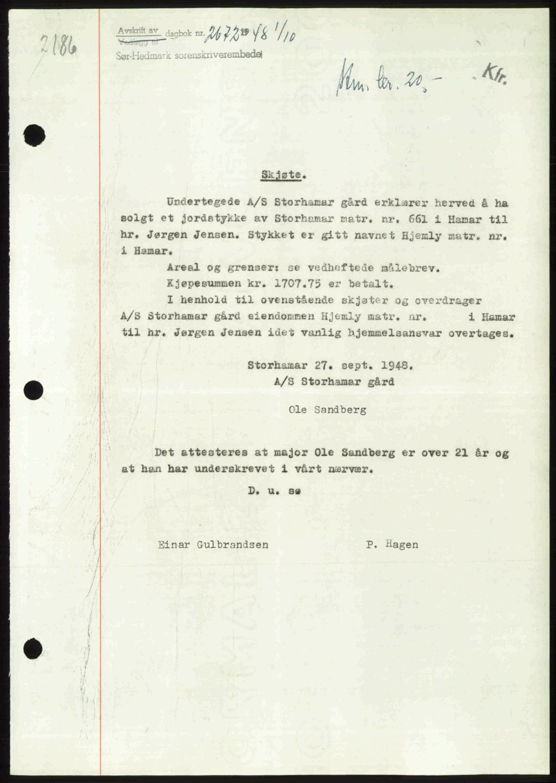 Sør-Hedmark sorenskriveri, SAH/TING-014/H/Hb/Hbd/L0018: Pantebok nr. 18, 1948-1949, Dagboknr: 2672/1948