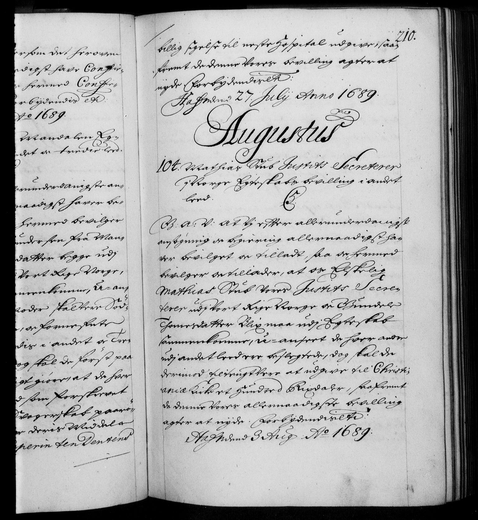 Danske Kanselli 1572-1799, RA/EA-3023/F/Fc/Fca/Fcaa/L0015: Norske registre (mikrofilm), 1688-1691, s. 210a