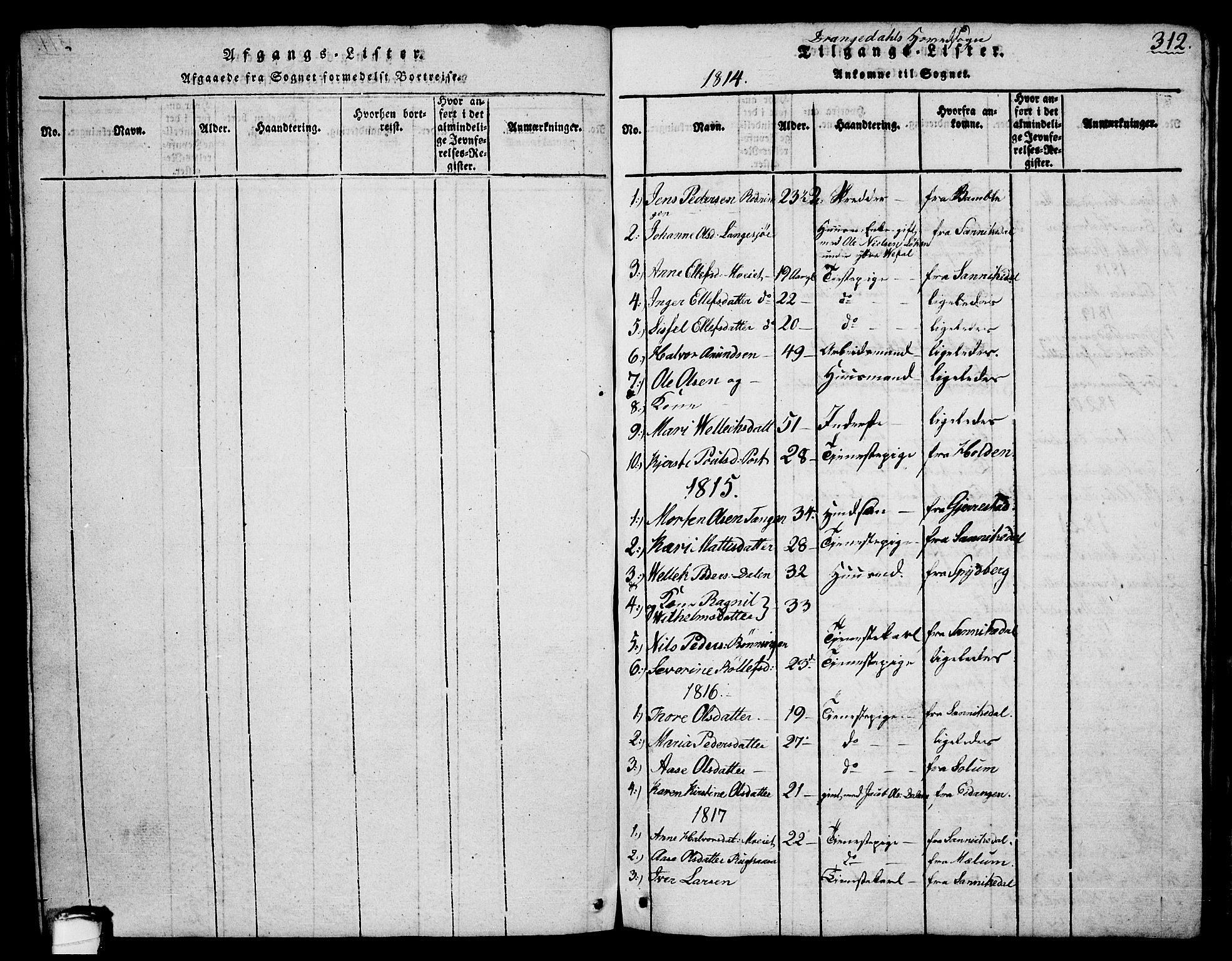 Drangedal kirkebøker, AV/SAKO-A-258/G/Ga/L0001: Klokkerbok nr. I 1 /1, 1814-1856, s. 312