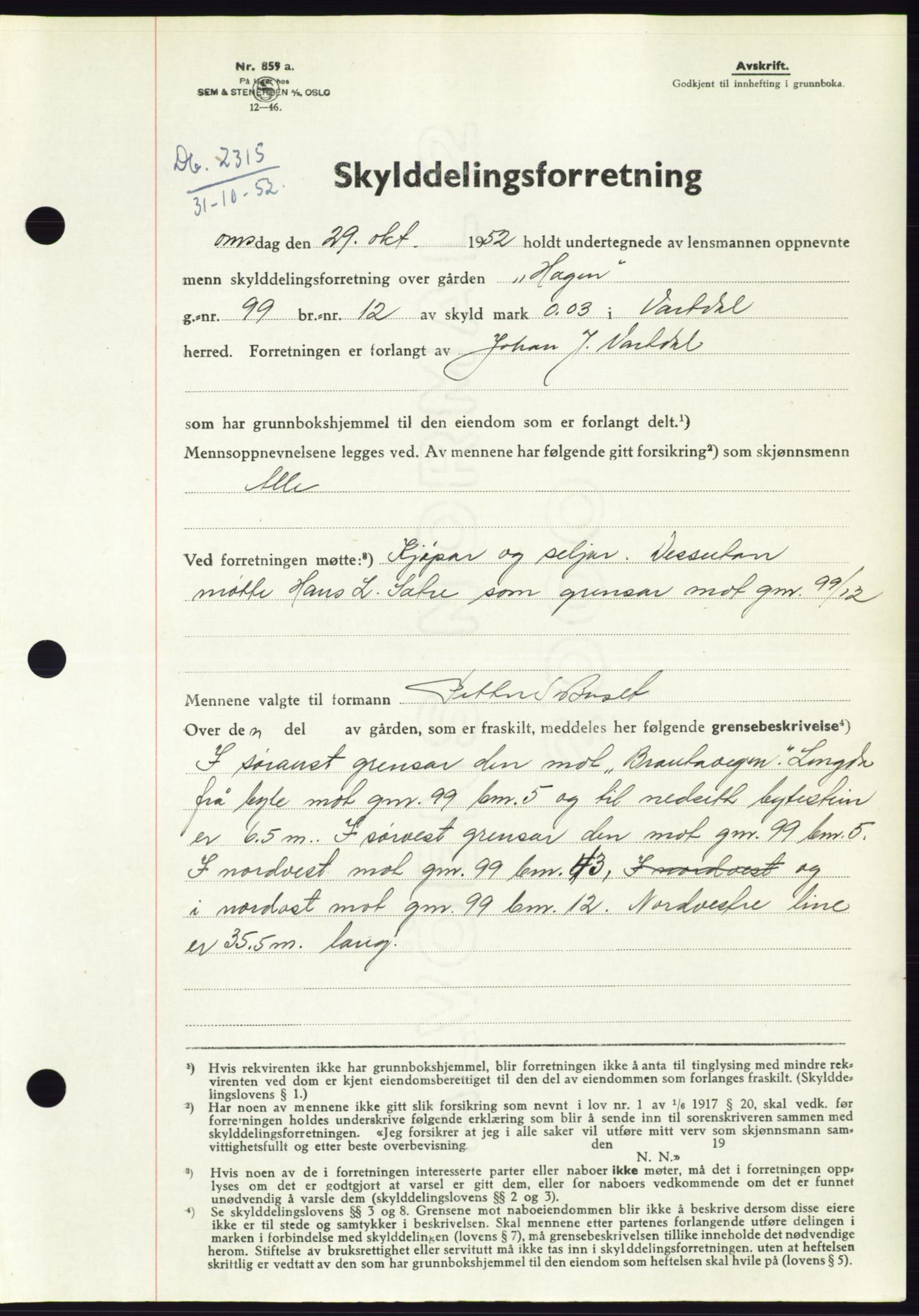 Søre Sunnmøre sorenskriveri, AV/SAT-A-4122/1/2/2C/L0093: Pantebok nr. 19A, 1952-1953, Dagboknr: 2315/1952