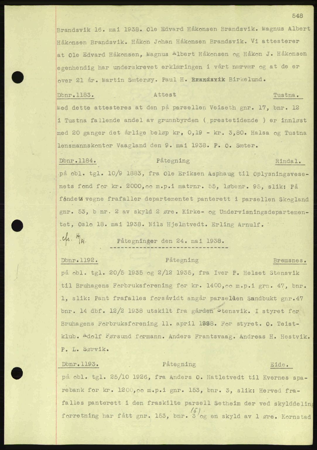Nordmøre sorenskriveri, SAT/A-4132/1/2/2Ca: Pantebok nr. C80, 1936-1939, Dagboknr: 1183/1938
