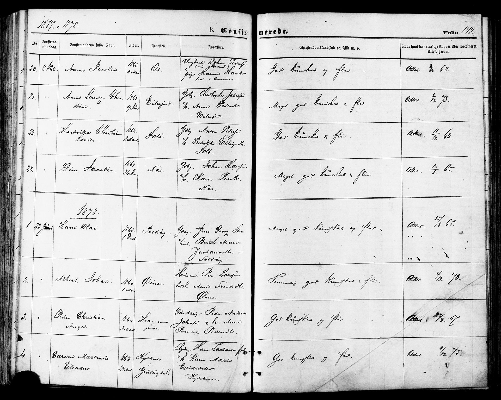 Ministerialprotokoller, klokkerbøker og fødselsregistre - Nordland, AV/SAT-A-1459/846/L0645: Ministerialbok nr. 846A03, 1872-1886, s. 142