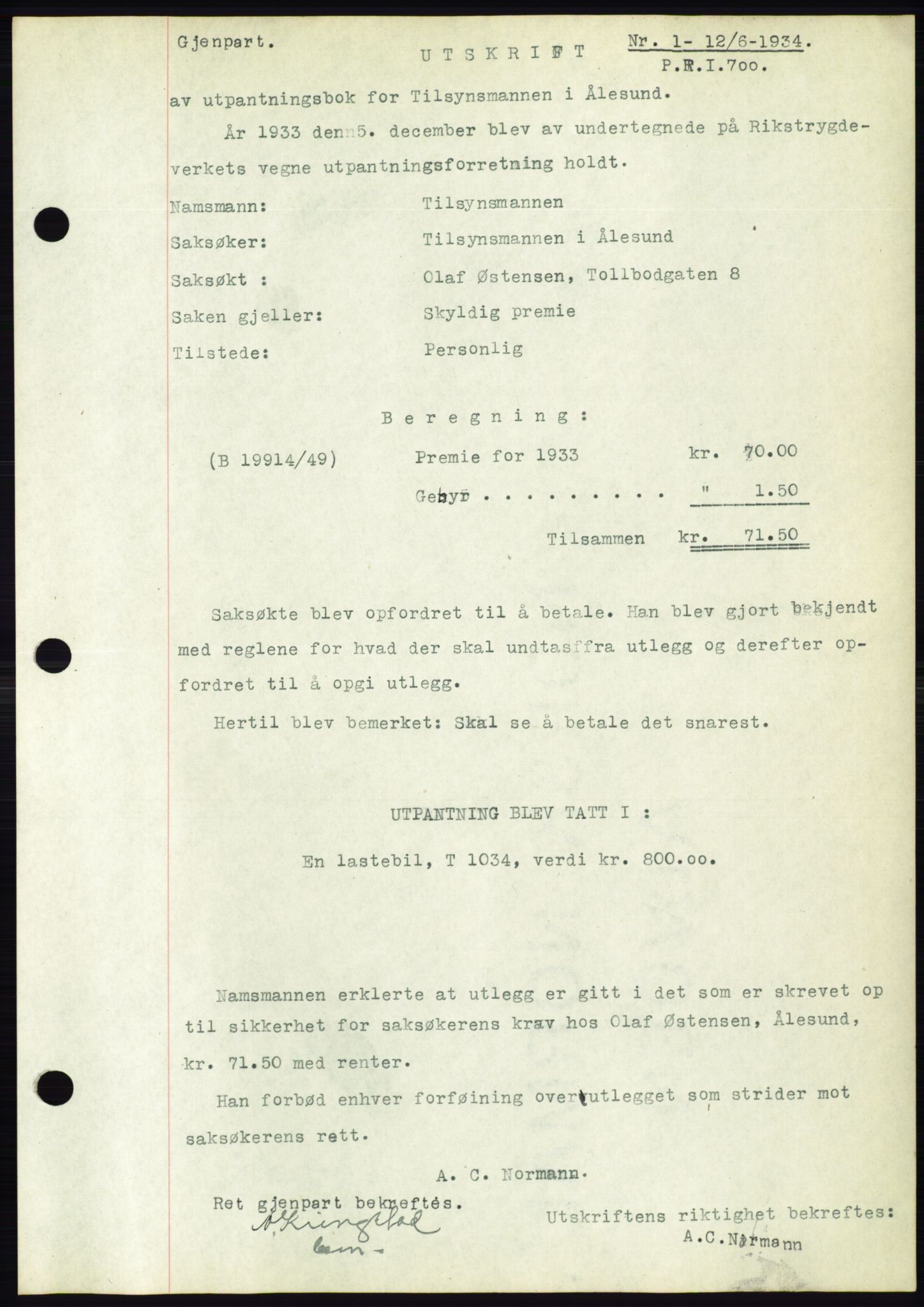 Ålesund byfogd, AV/SAT-A-4384: Pantebok nr. 31, 1933-1934, Tingl.dato: 12.06.1934