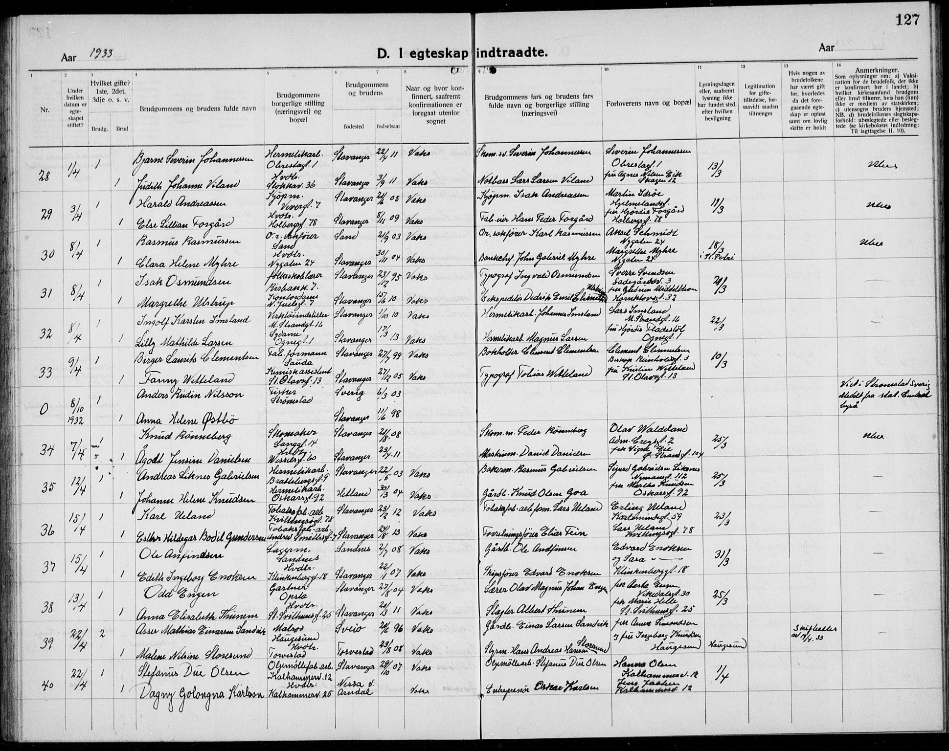 Domkirken sokneprestkontor, AV/SAST-A-101812/001/30/30BB/L0020: Klokkerbok nr. B 20, 1921-1937, s. 127