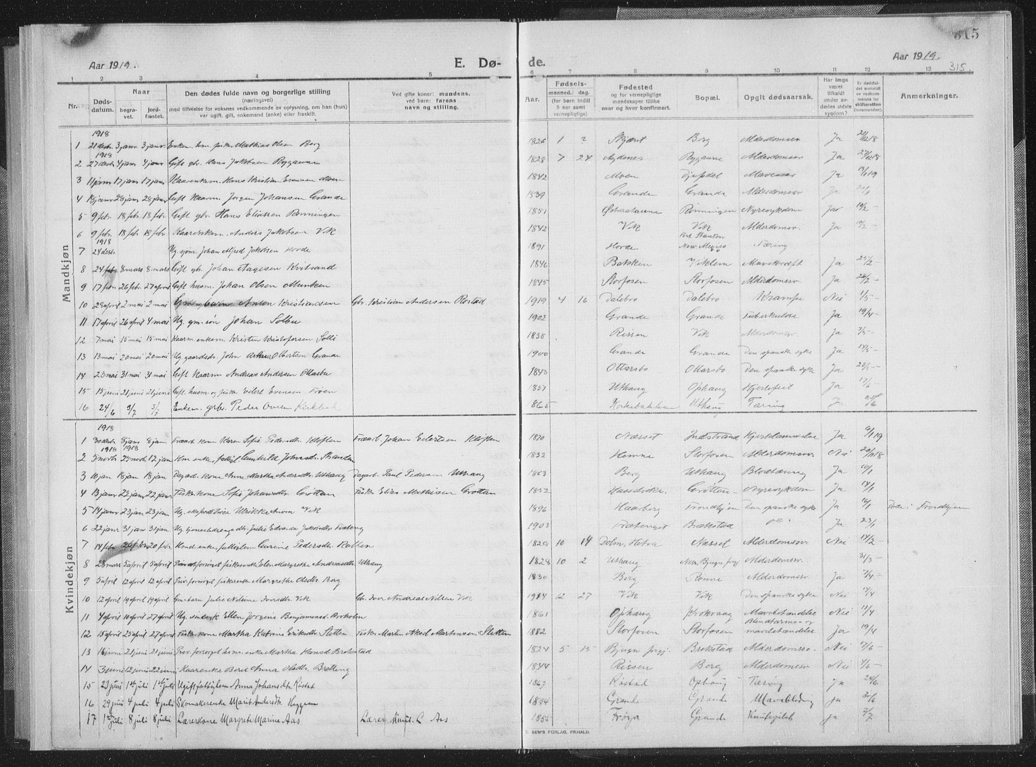 Ministerialprotokoller, klokkerbøker og fødselsregistre - Sør-Trøndelag, SAT/A-1456/659/L0747: Klokkerbok nr. 659C04, 1913-1938, s. 315