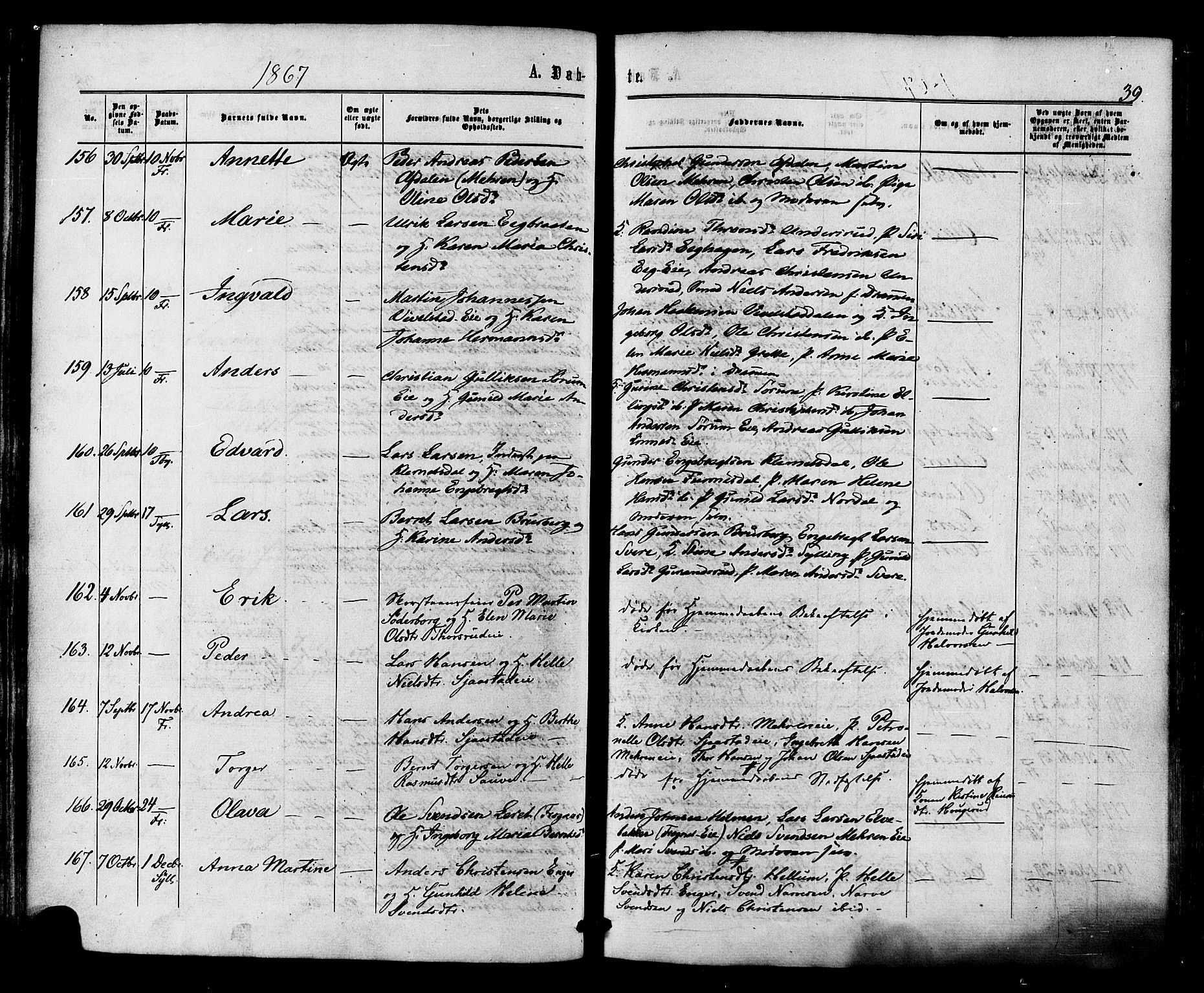 Lier kirkebøker, AV/SAKO-A-230/F/Fa/L0013: Ministerialbok nr. I 13, 1865-1874, s. 39