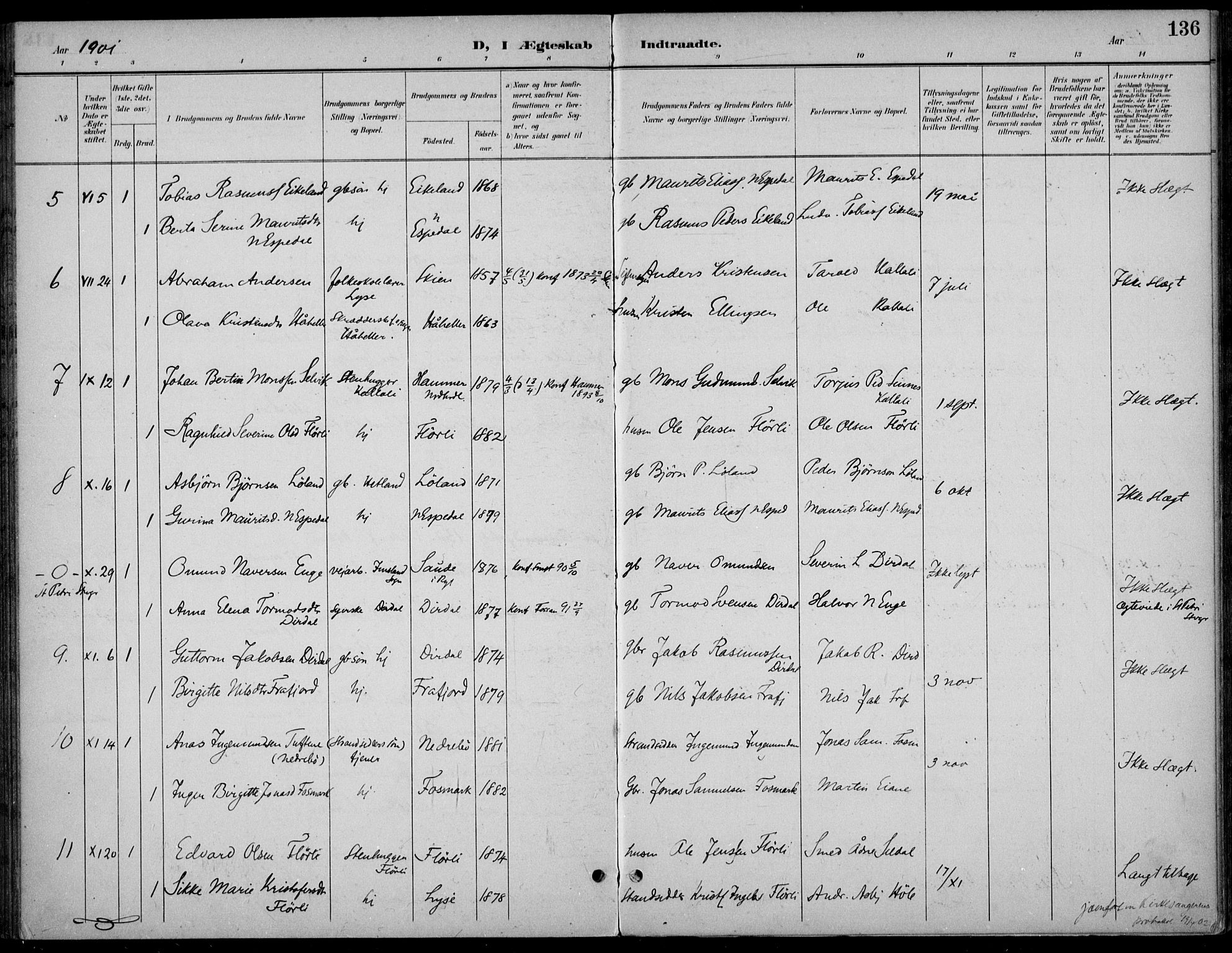 Høgsfjord sokneprestkontor, SAST/A-101624/H/Ha/Haa/L0007: Ministerialbok nr. A 7, 1898-1917, s. 136