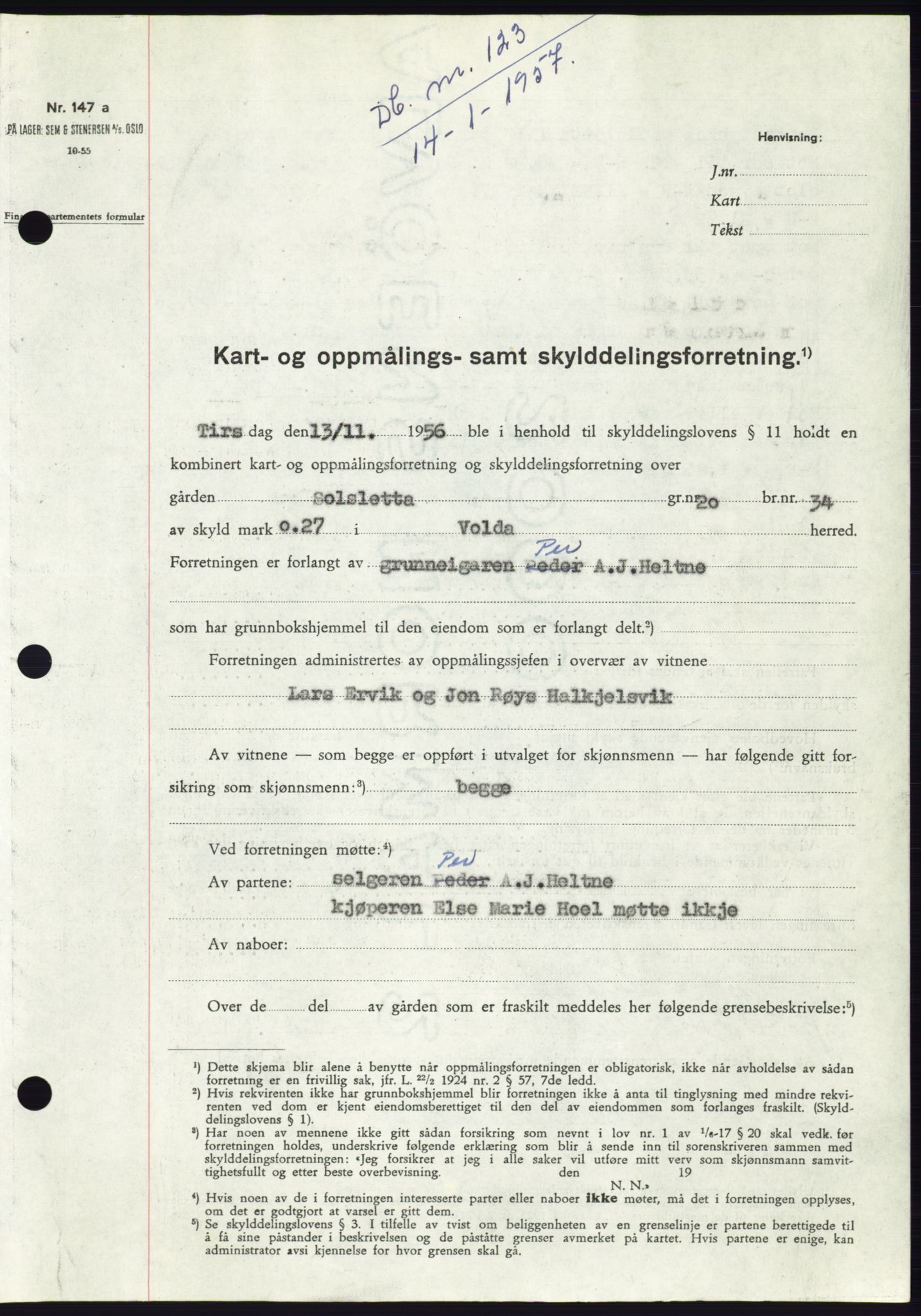 Søre Sunnmøre sorenskriveri, SAT/A-4122/1/2/2C/L0105: Pantebok nr. 31A, 1956-1957, Dagboknr: 123/1957