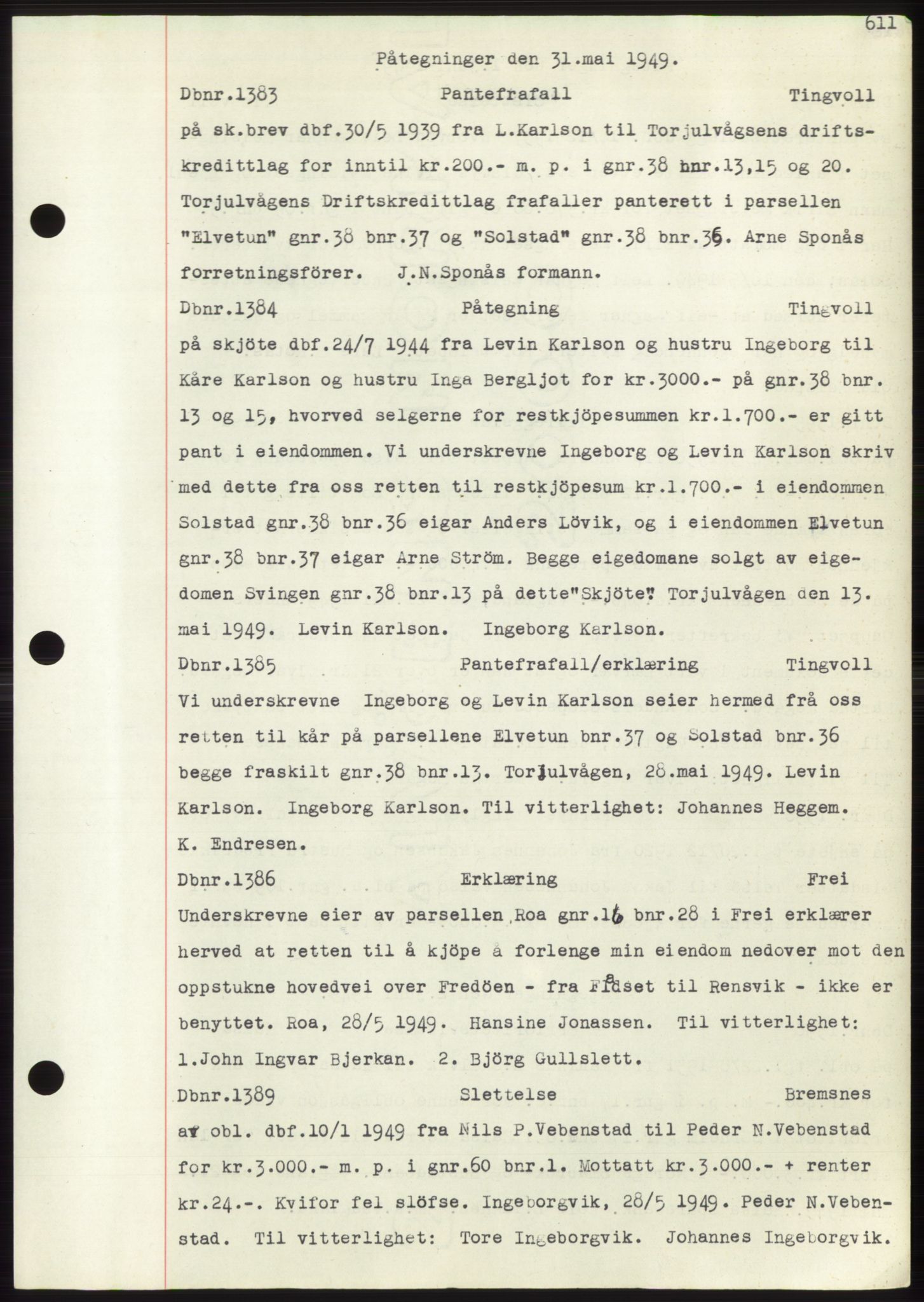Nordmøre sorenskriveri, SAT/A-4132/1/2/2Ca: Pantebok nr. C82b, 1946-1951, Dagboknr: 1383/1949