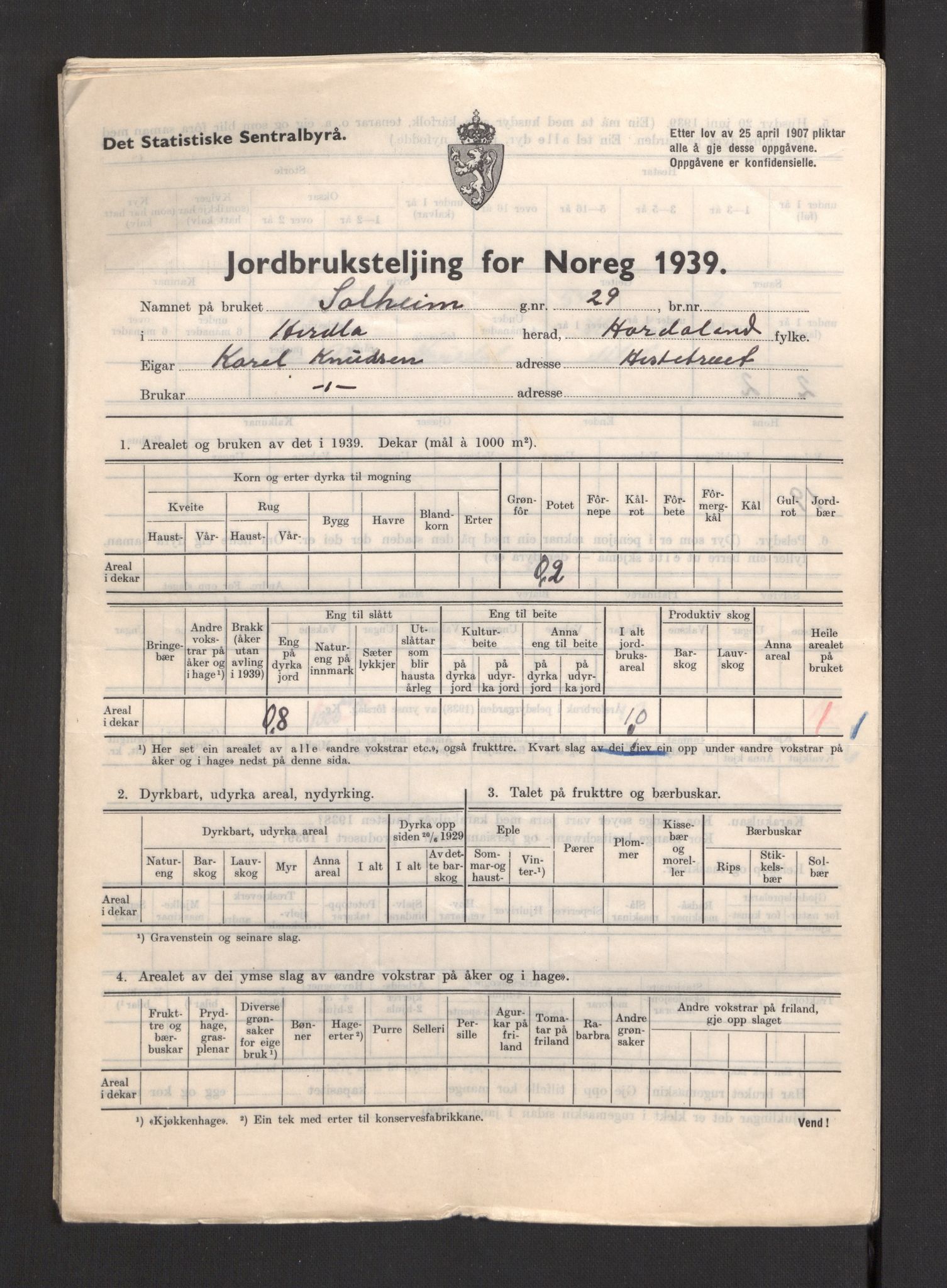 Statistisk sentralbyrå, Næringsøkonomiske emner, Jordbruk, skogbruk, jakt, fiske og fangst, AV/RA-S-2234/G/Gb/L0211: Hordaland: Herdla, Hjelme og Manger, 1939, s. 1