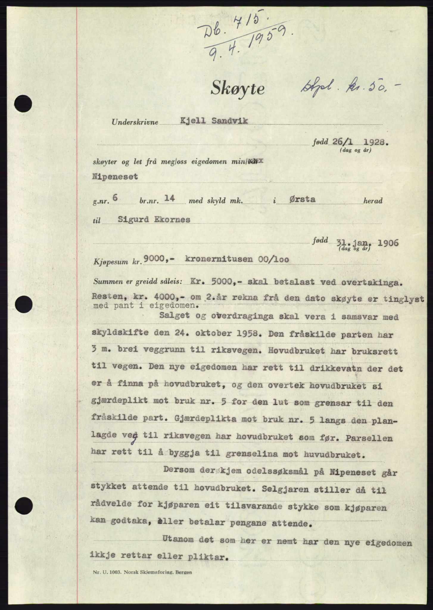 Søre Sunnmøre sorenskriveri, SAT/A-4122/1/2/2C/L0112: Pantebok nr. 38A, 1959-1959, Dagboknr: 715/1959