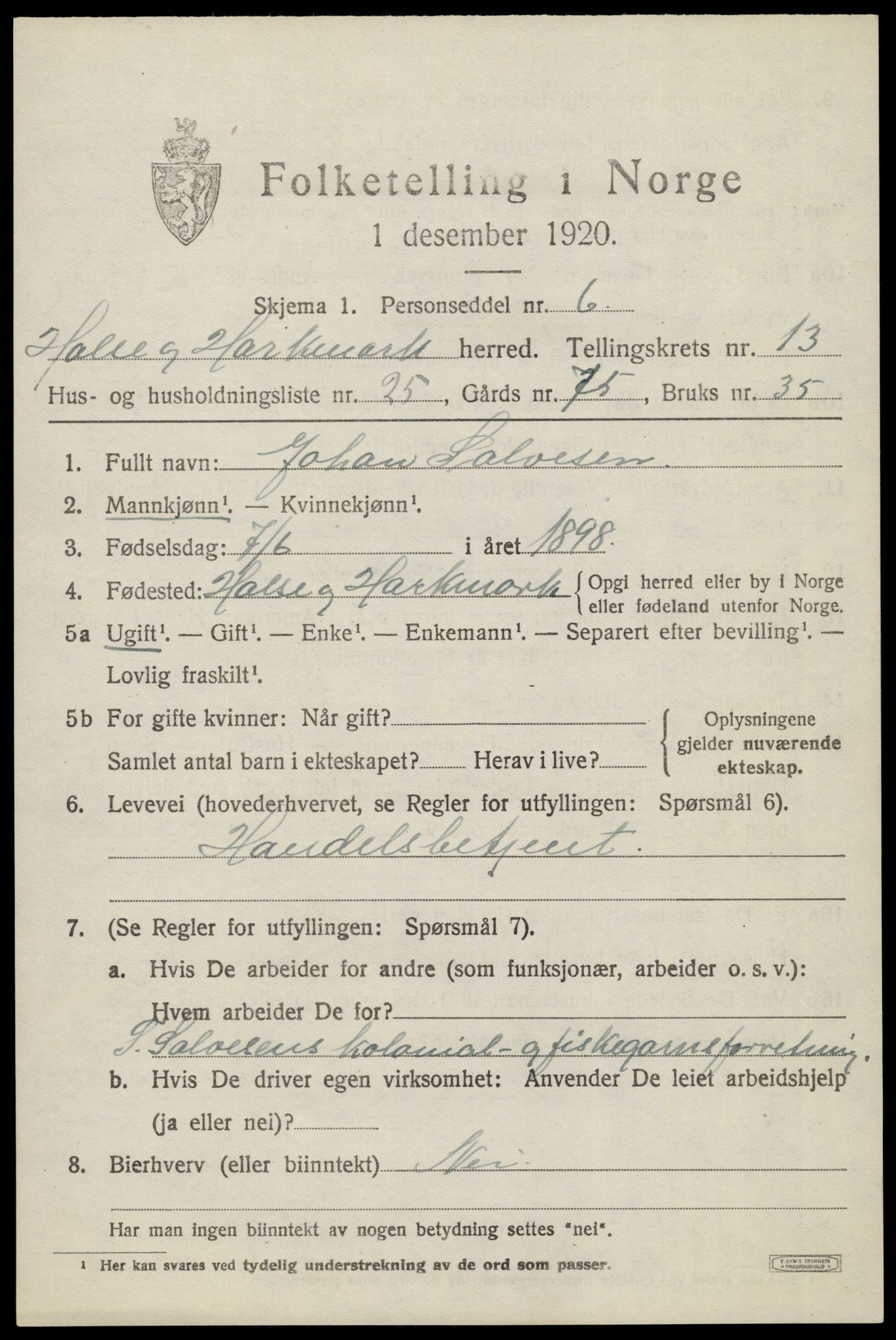 SAK, Folketelling 1920 for 1019 Halse og Harkmark herred, 1920, s. 7225