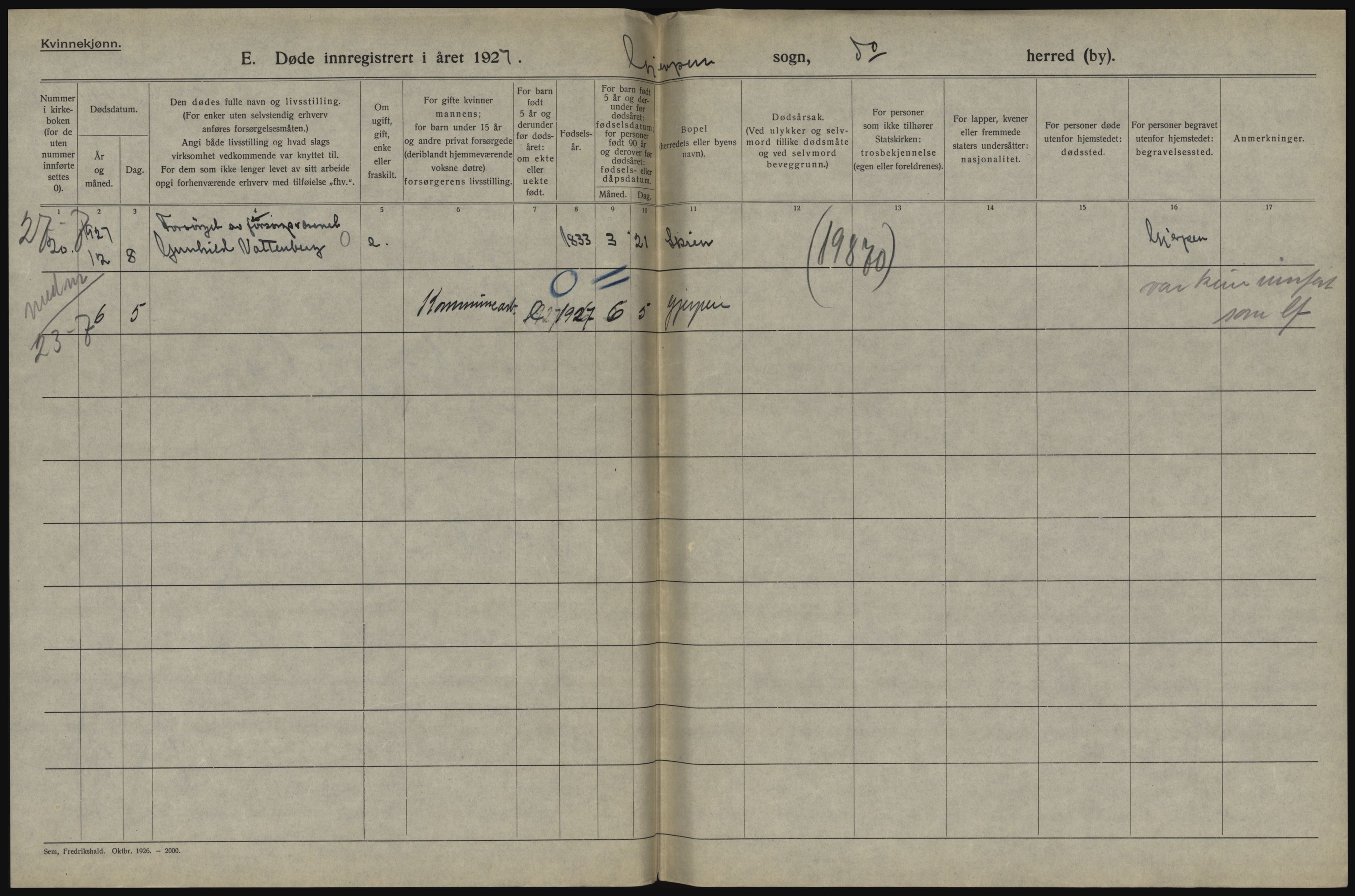 Statistisk sentralbyrå, Sosiodemografiske emner, Befolkning, AV/RA-S-2228/D/Df/Dfc/Dfcg/L0020: Telemark fylke: Gifte, døde. Bygder og byer., 1927, s. 484