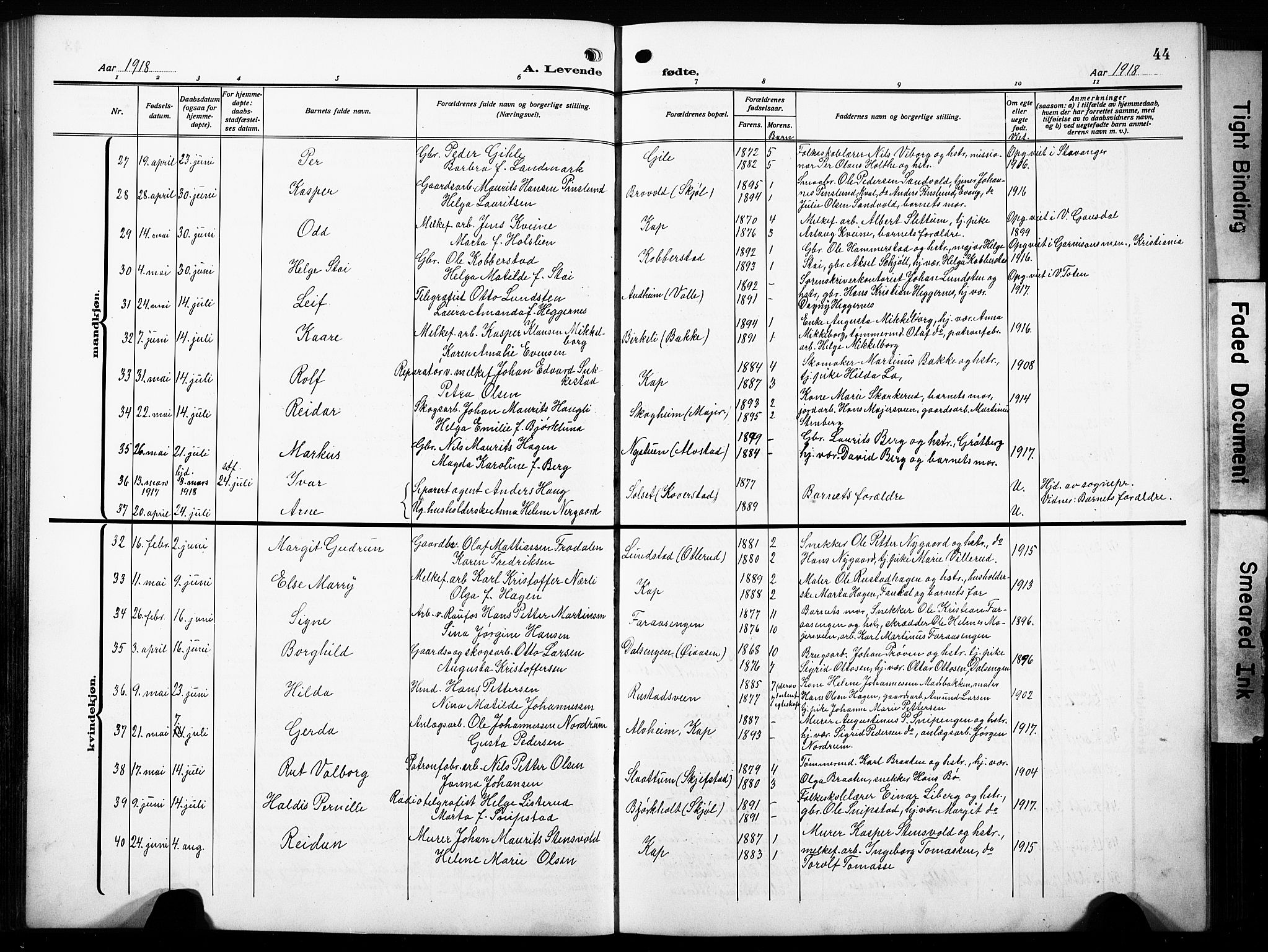 Østre Toten prestekontor, AV/SAH-PREST-104/H/Ha/Hab/L0010: Klokkerbok nr. 10, 1912-1933, s. 44