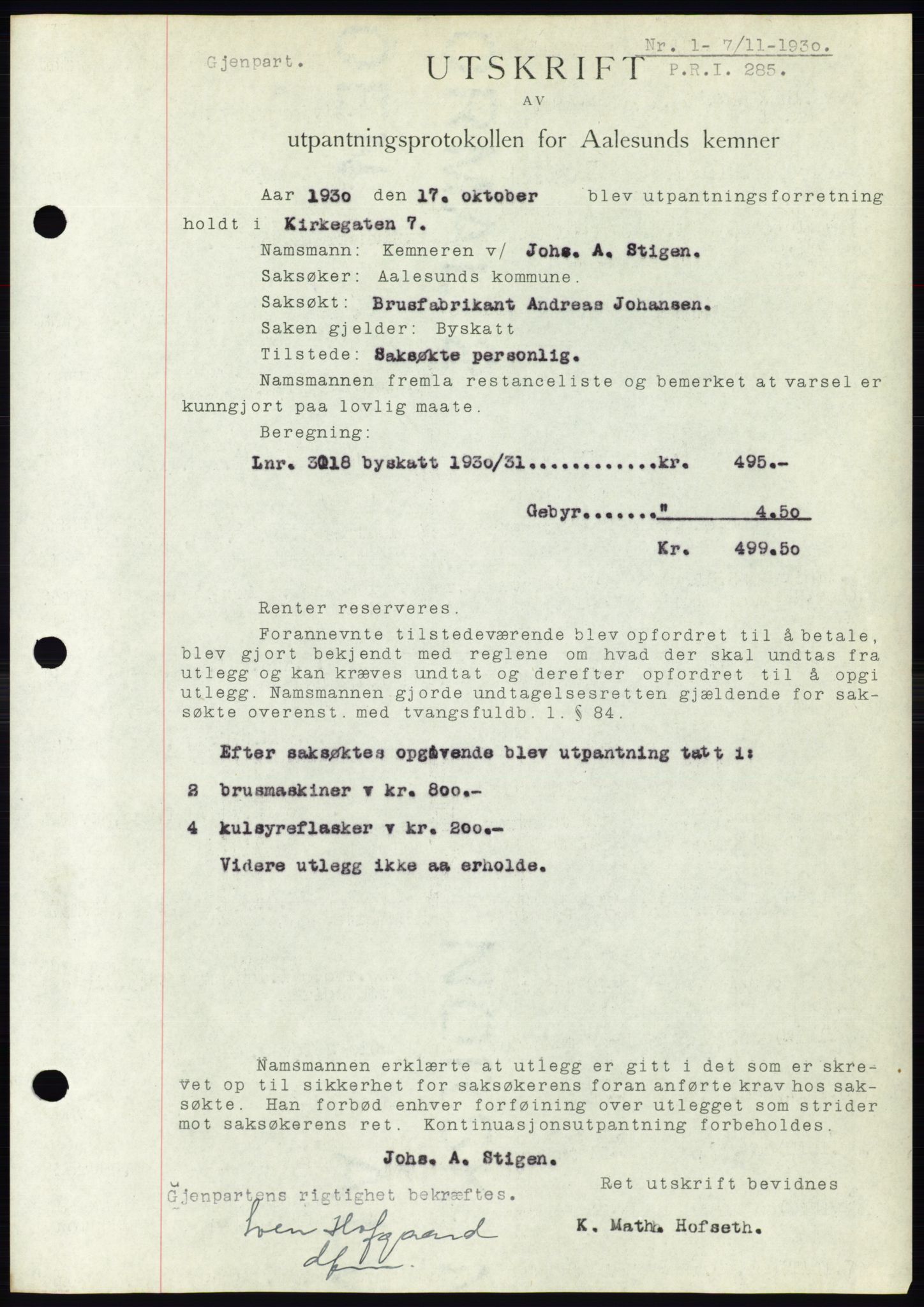 Ålesund byfogd, AV/SAT-A-4384: Pantebok nr. 26, 1930-1930, Tingl.dato: 07.11.1930