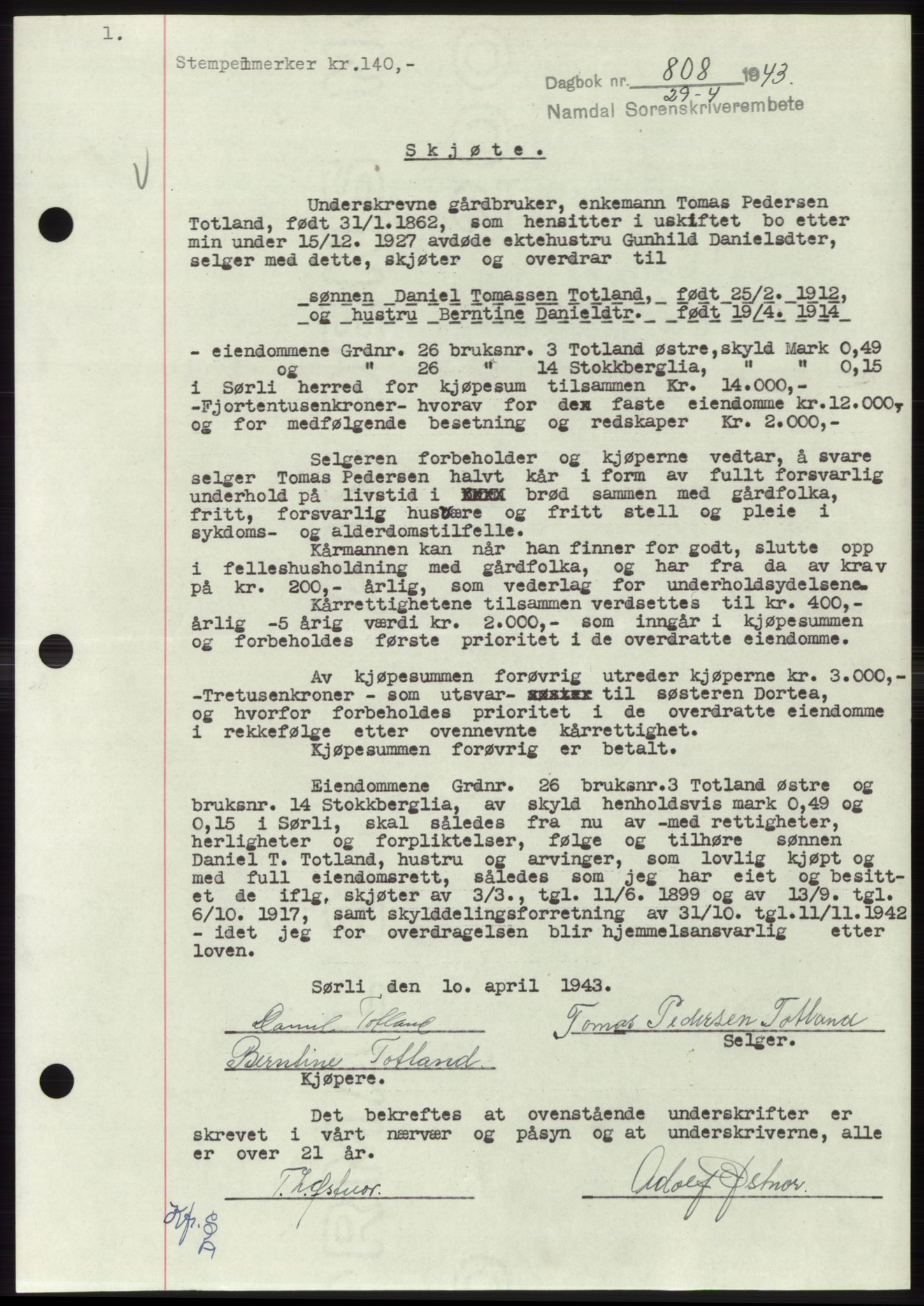 Namdal sorenskriveri, SAT/A-4133/1/2/2C: Pantebok nr. -, 1942-1943, Dagboknr: 808/1943