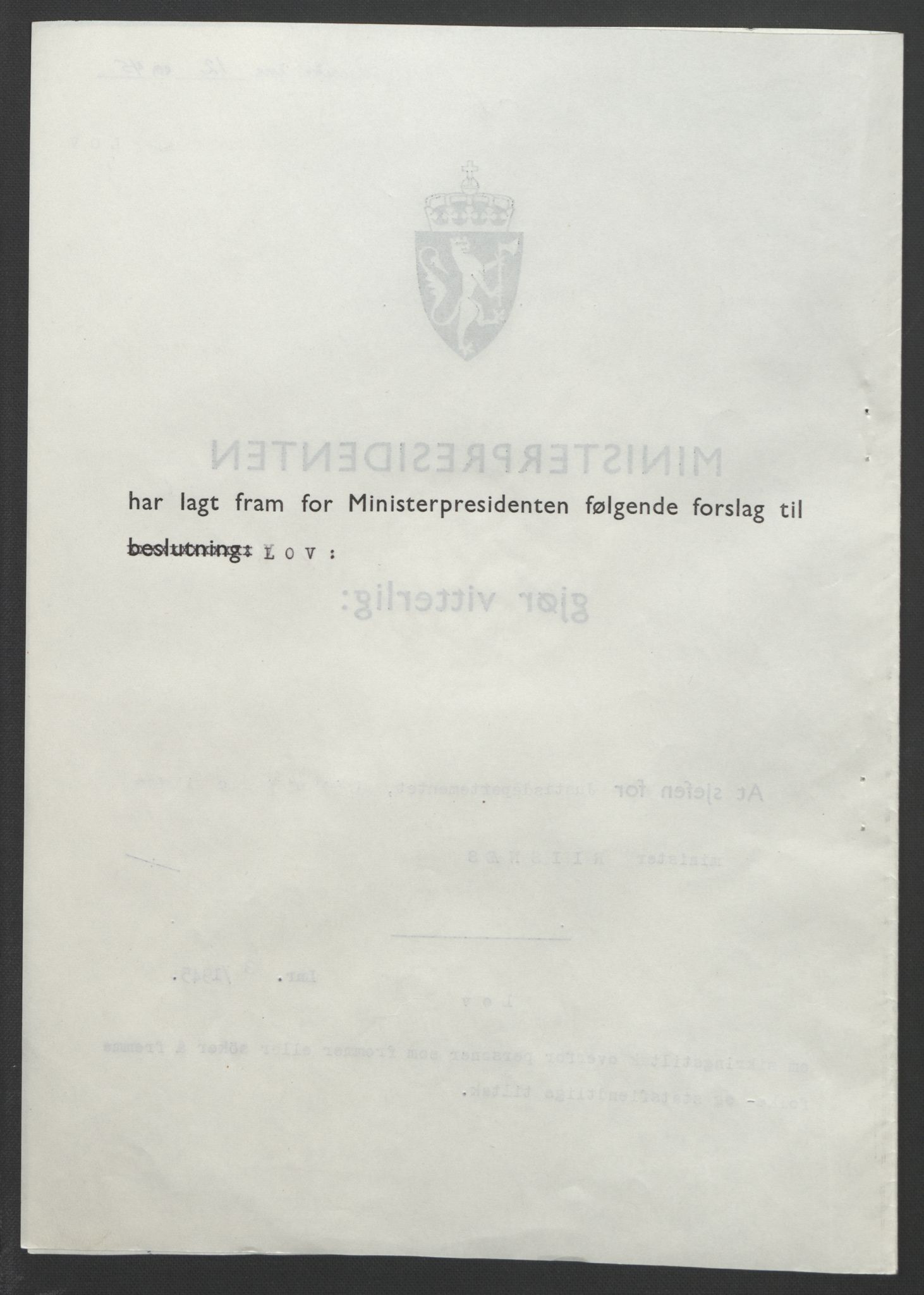 NS-administrasjonen 1940-1945 (Statsrådsekretariatet, de kommisariske statsråder mm), RA/S-4279/D/Db/L0101/0001: -- / Lover og vedtak, 1945, s. 12