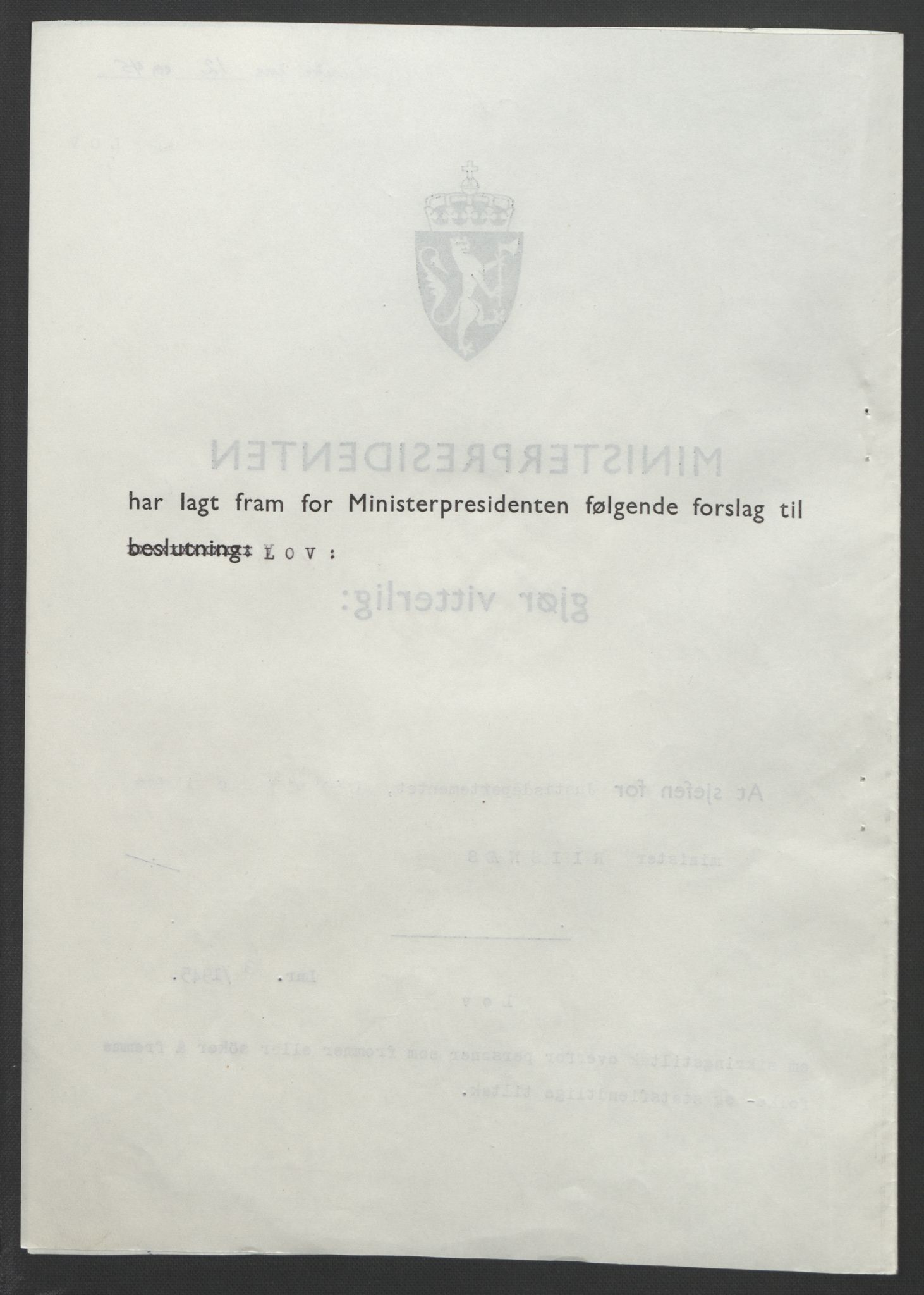 NS-administrasjonen 1940-1945 (Statsrådsekretariatet, de kommisariske statsråder mm), AV/RA-S-4279/D/Db/L0101/0001: -- / Lover og vedtak, 1945, s. 12
