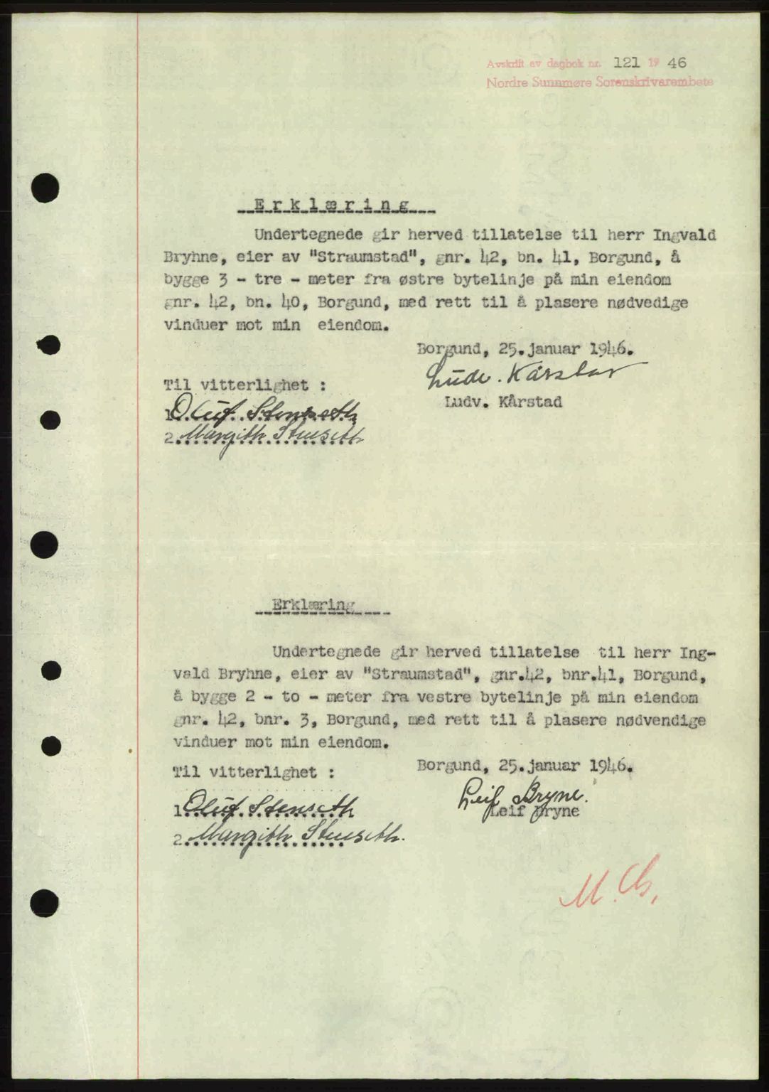 Nordre Sunnmøre sorenskriveri, SAT/A-0006/1/2/2C/2Ca: Pantebok nr. A20b, 1946-1946, Dagboknr: 121/1946