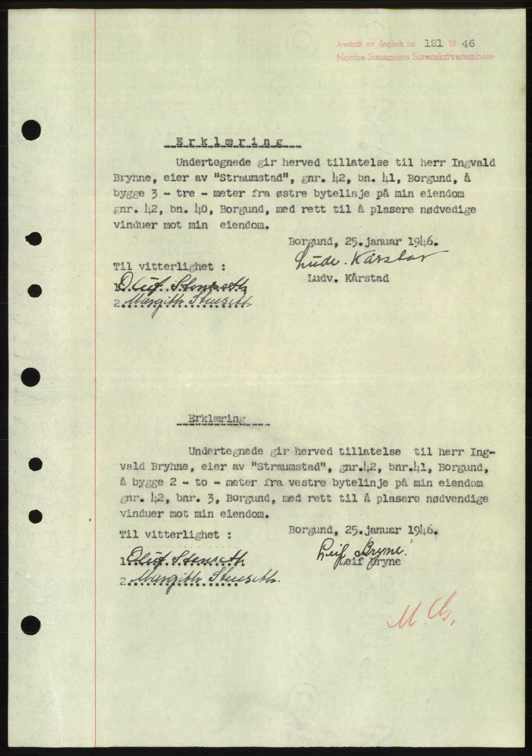 Nordre Sunnmøre sorenskriveri, AV/SAT-A-0006/1/2/2C/2Ca: Pantebok nr. A20b, 1946-1946, Dagboknr: 121/1946