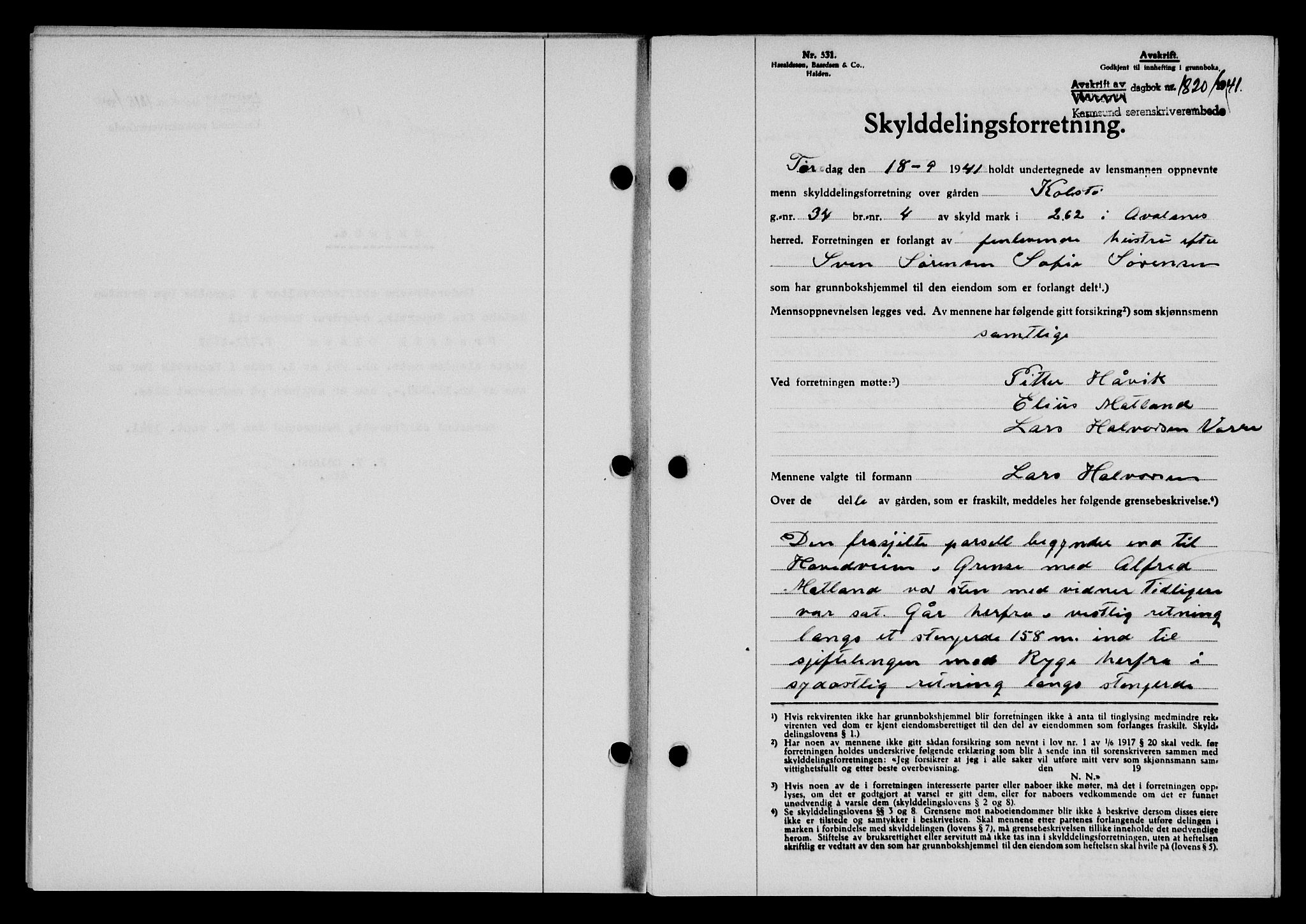 Karmsund sorenskriveri, SAST/A-100311/01/II/IIB/L0076: Pantebok nr. 57A, 1941-1941, Dagboknr: 1820/1941