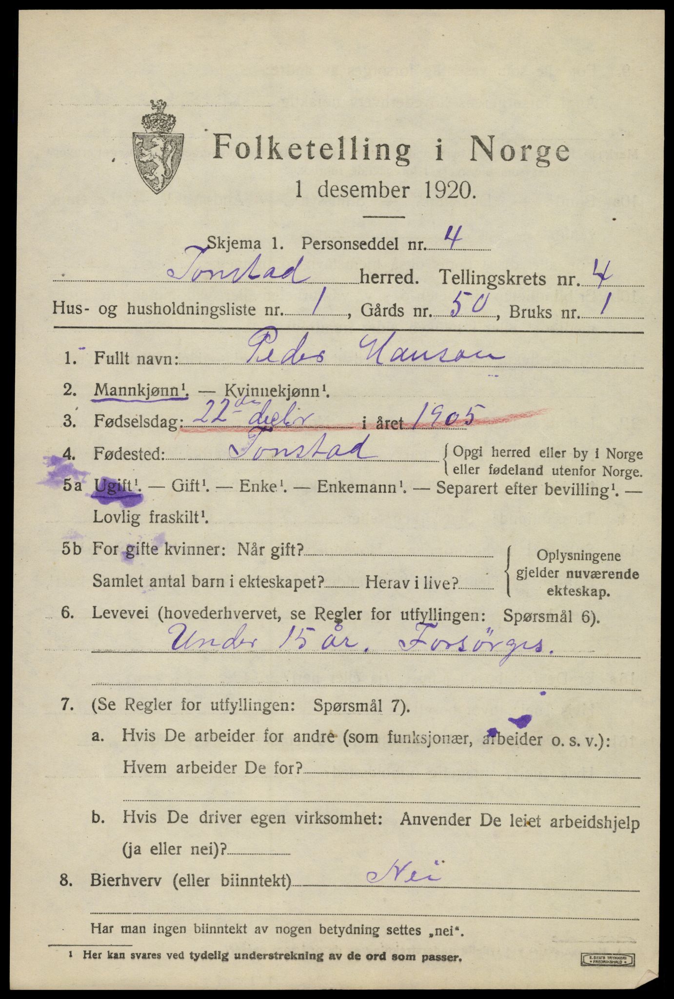 SAK, Folketelling 1920 for 1046 Tonstad herred, 1920, s. 1294