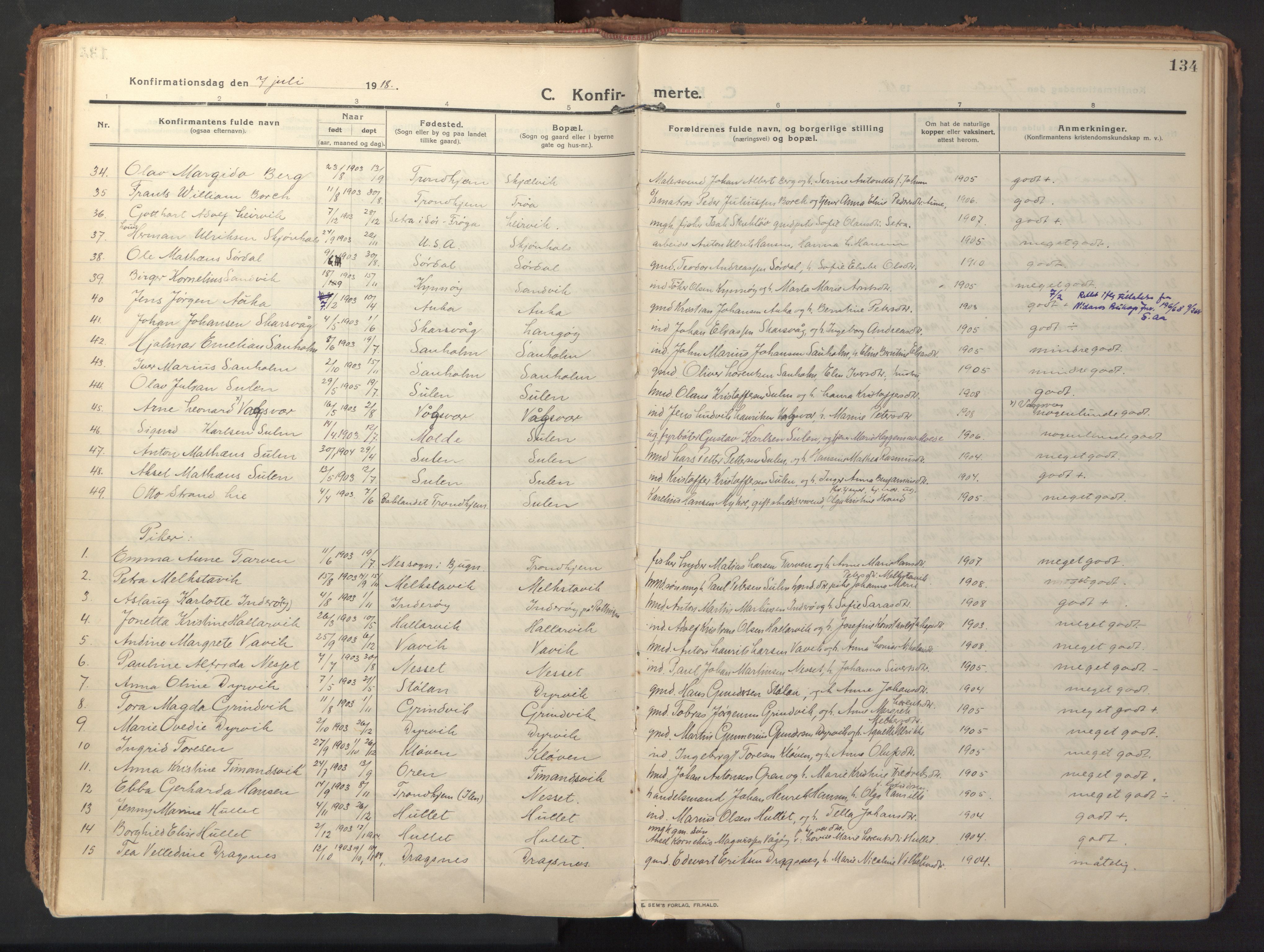 Ministerialprotokoller, klokkerbøker og fødselsregistre - Sør-Trøndelag, SAT/A-1456/640/L0581: Ministerialbok nr. 640A06, 1910-1924, s. 134