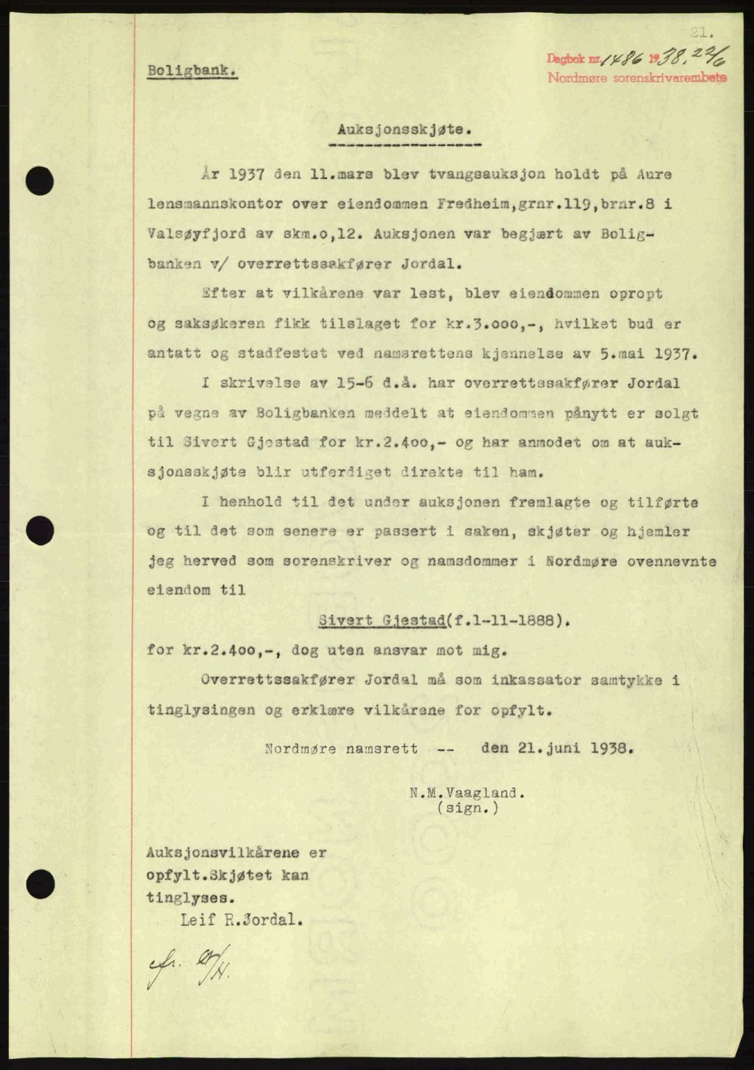 Nordmøre sorenskriveri, SAT/A-4132/1/2/2Ca: Pantebok nr. A84, 1938-1938, Dagboknr: 1486/1938