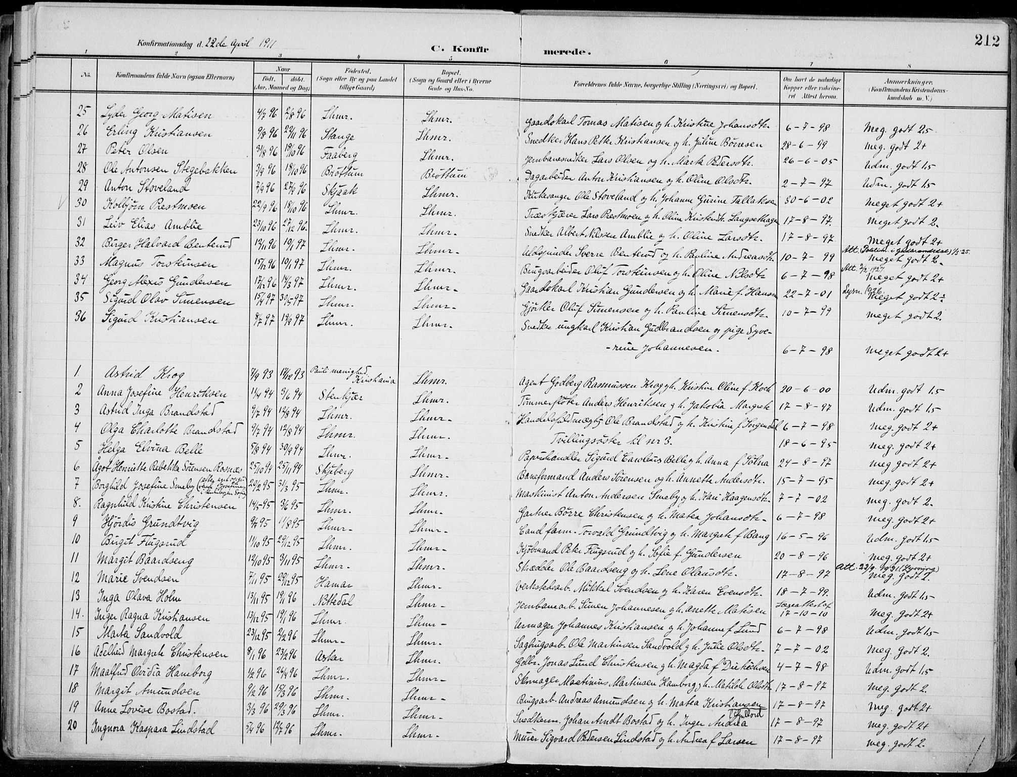 Lillehammer prestekontor, AV/SAH-PREST-088/H/Ha/Haa/L0001: Ministerialbok nr. 1, 1901-1916, s. 212