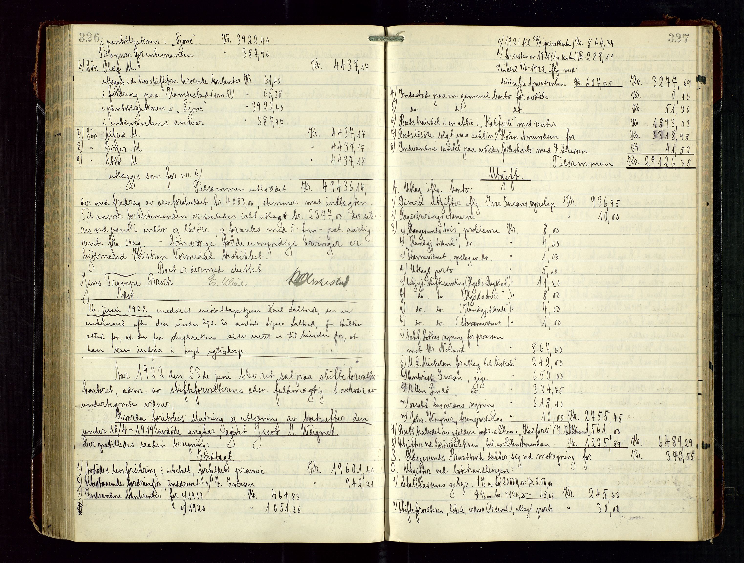 Haugesund tingrett, SAST/A-101415/01/IV/IVD/L0003: Skifteutlodningsprotokoll, med register, 1915-1924, s. 326-327