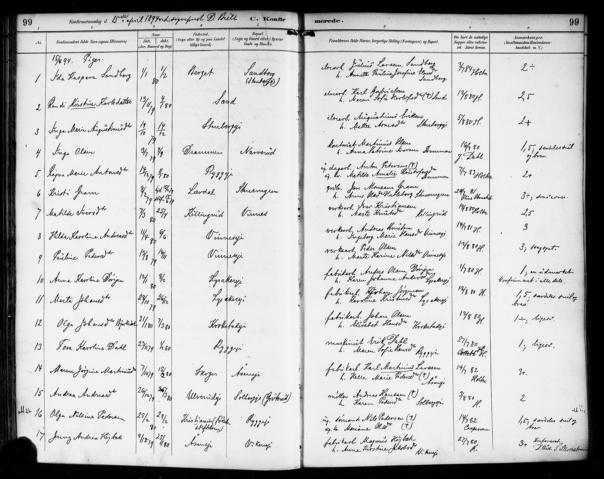 Nedre Eiker kirkebøker, AV/SAKO-A-612/F/Fa/L0004: Ministerialbok nr. 4, 1893-1898, s. 99