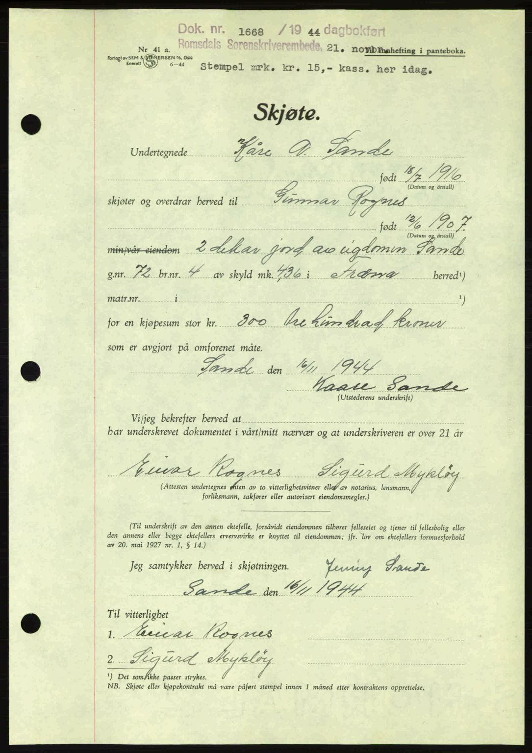 Romsdal sorenskriveri, SAT/A-4149/1/2/2C: Pantebok nr. A17, 1944-1945, Dagboknr: 1668/1944