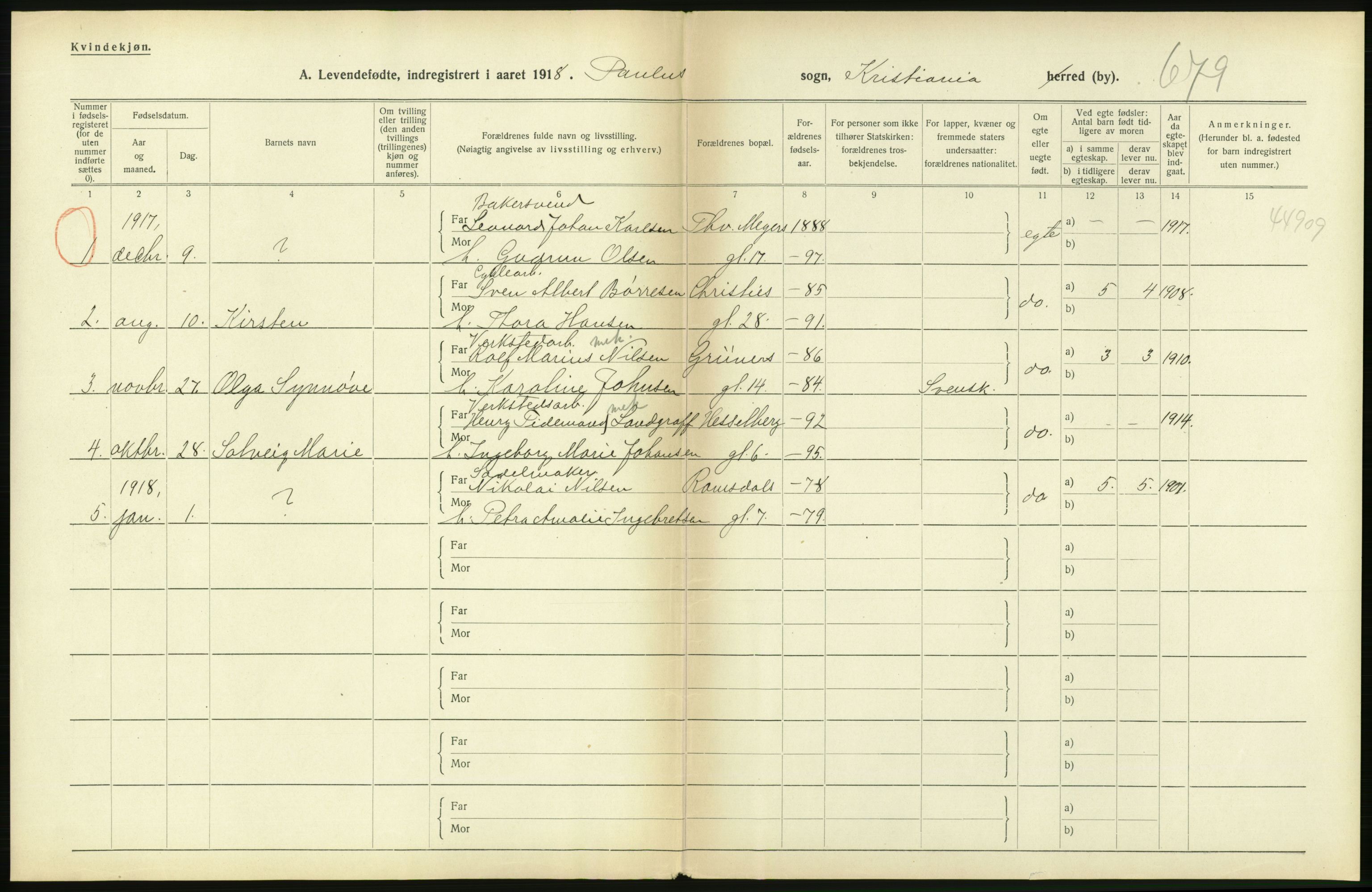 Statistisk sentralbyrå, Sosiodemografiske emner, Befolkning, AV/RA-S-2228/D/Df/Dfb/Dfbh/L0007: Kristiania: Levendefødte menn og kvinner., 1918, s. 434