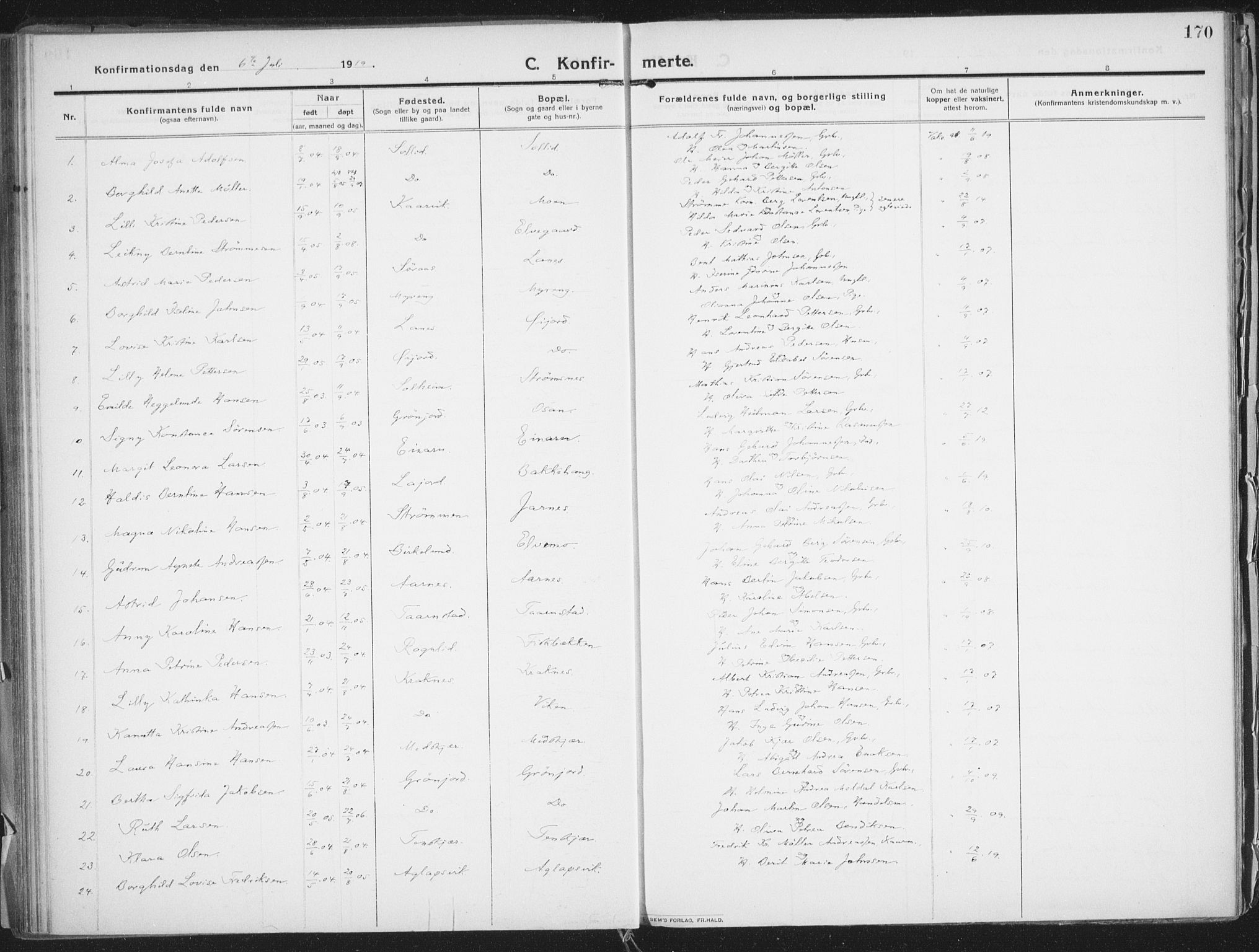 Lenvik sokneprestembete, SATØ/S-1310/H/Ha/Haa/L0016kirke: Ministerialbok nr. 16, 1910-1924, s. 170