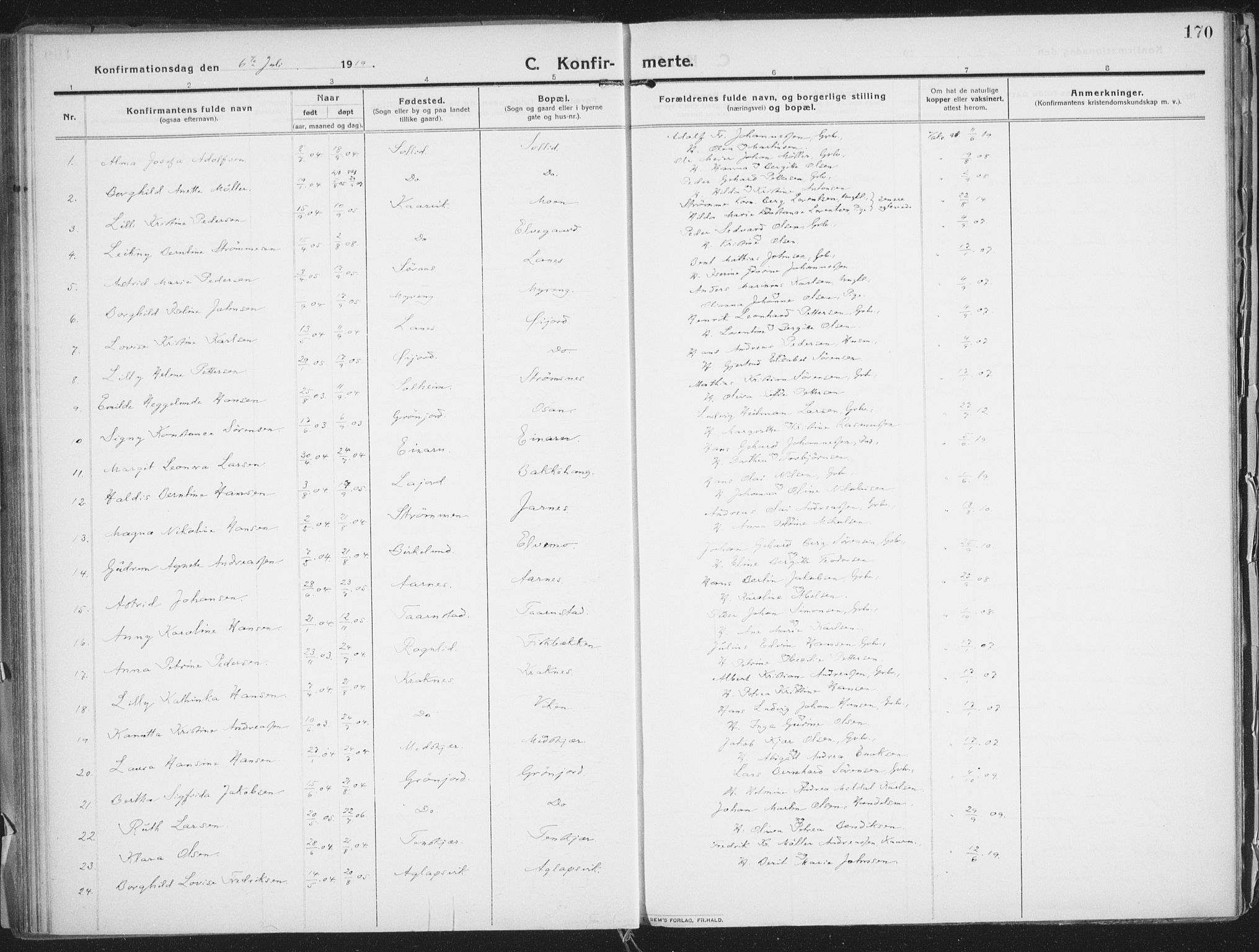 Lenvik sokneprestembete, AV/SATØ-S-1310/H/Ha/Haa/L0016kirke: Ministerialbok nr. 16, 1910-1924, s. 170