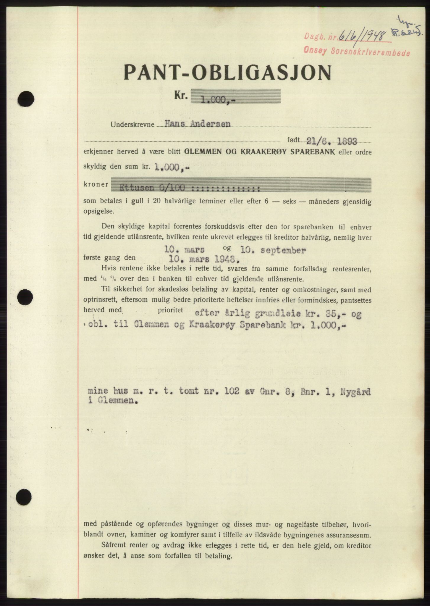 Onsøy sorenskriveri, SAO/A-10474/G/Ga/Gac/L0006: Pantebok nr. B 12-6, 1947-1948, Dagboknr: 616/1948