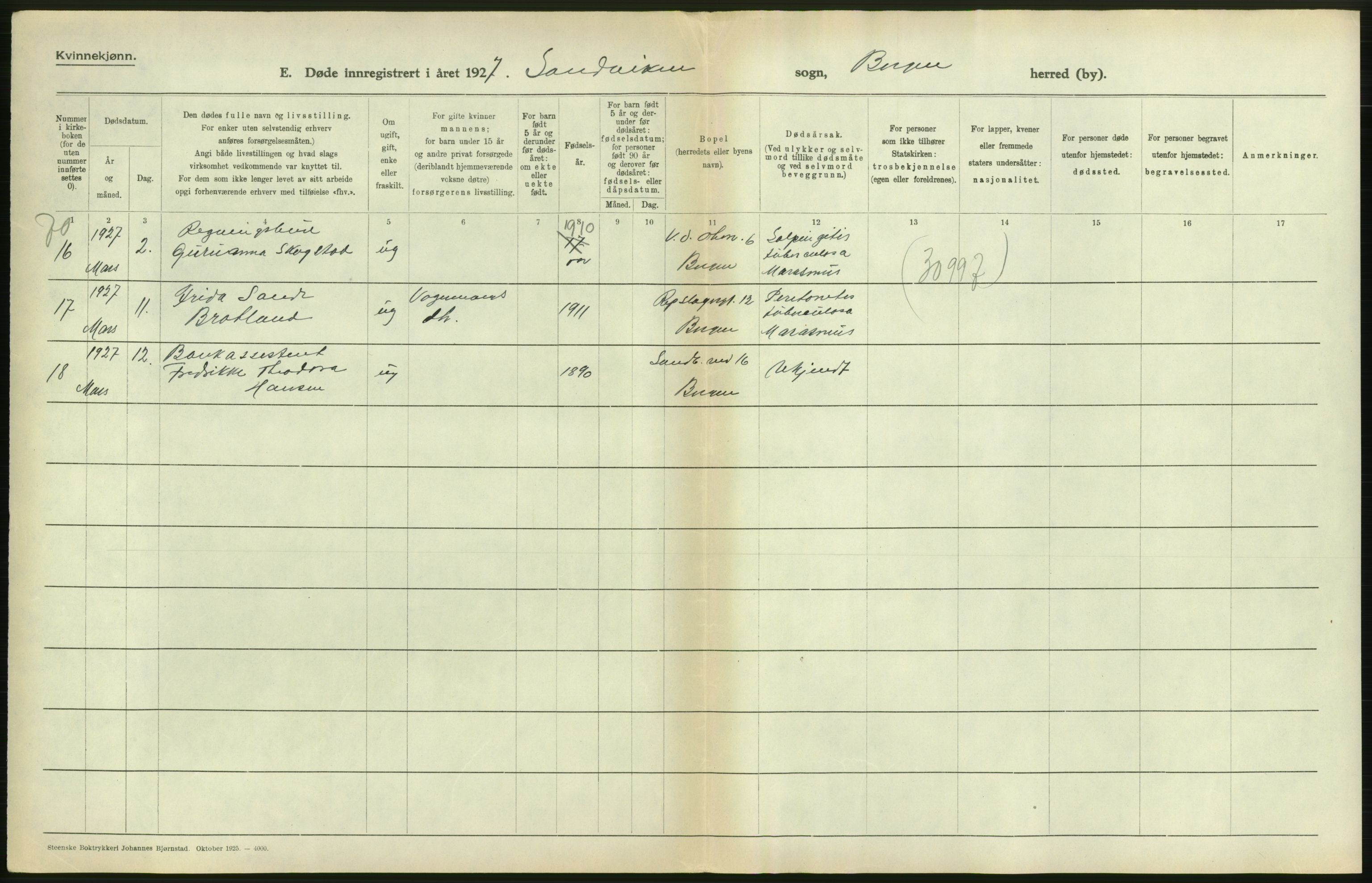 Statistisk sentralbyrå, Sosiodemografiske emner, Befolkning, AV/RA-S-2228/D/Df/Dfc/Dfcg/L0028: Bergen: Gifte, døde., 1927, s. 416