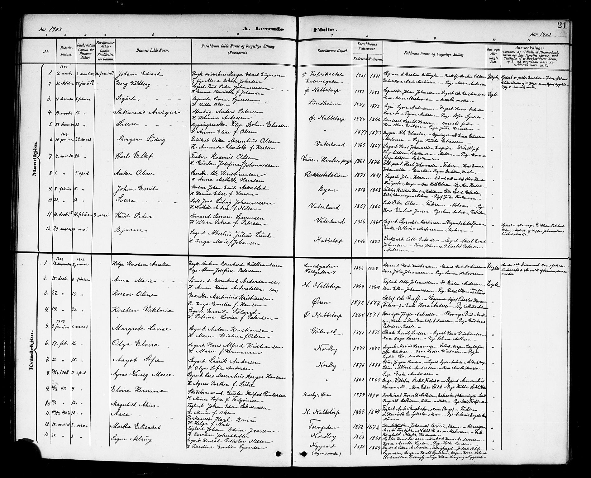 Østre Fredrikstad prestekontor Kirkebøker, AV/SAO-A-10907/G/Ga/L0002: Klokkerbok nr. 2, 1900-1919, s. 21