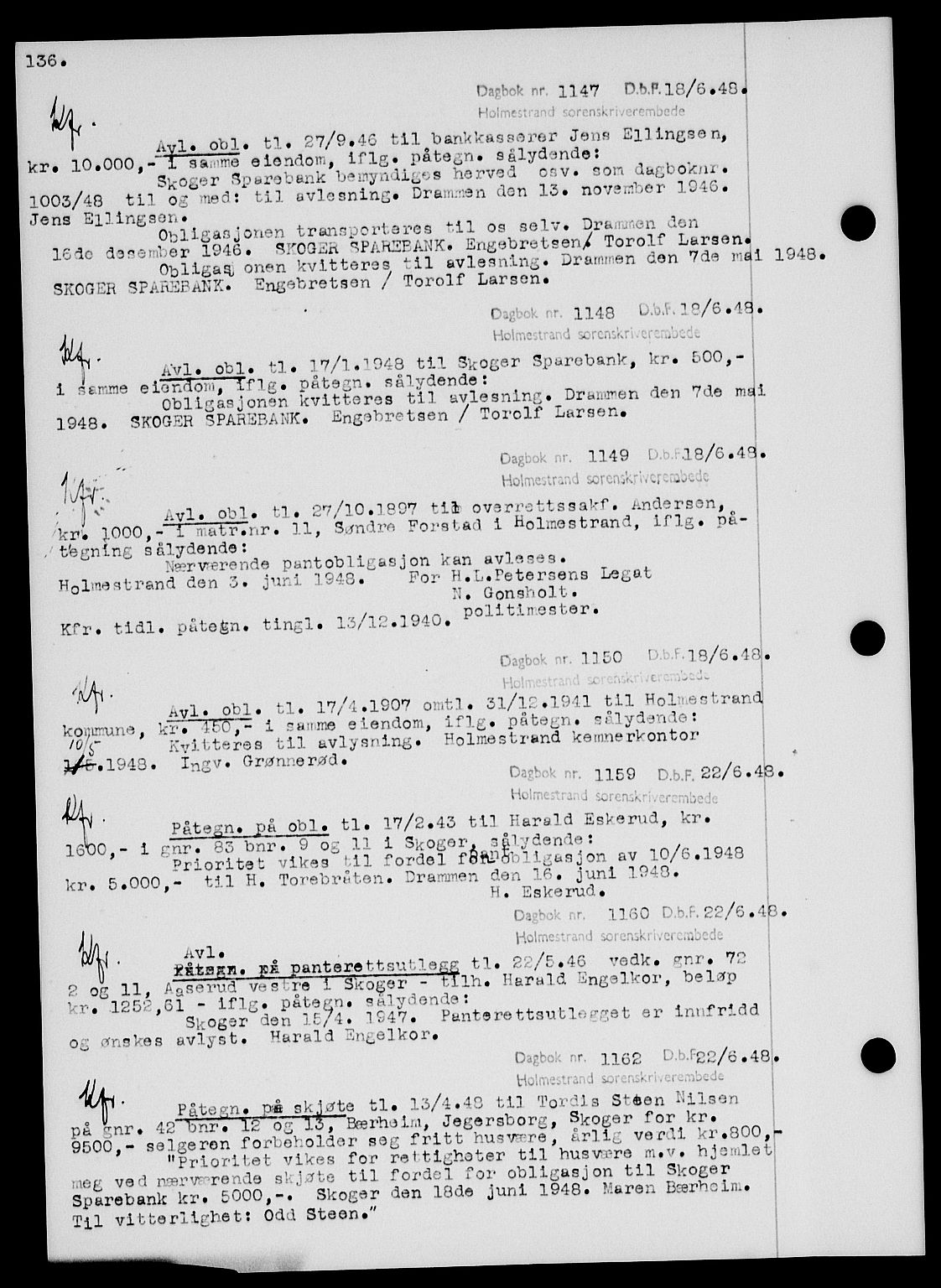 Holmestrand sorenskriveri, SAKO/A-67/G/Ga/Gab/L0058: Pantebok nr. B-58, 1947-1948, s. 136, Dagboknr: 1147/1948