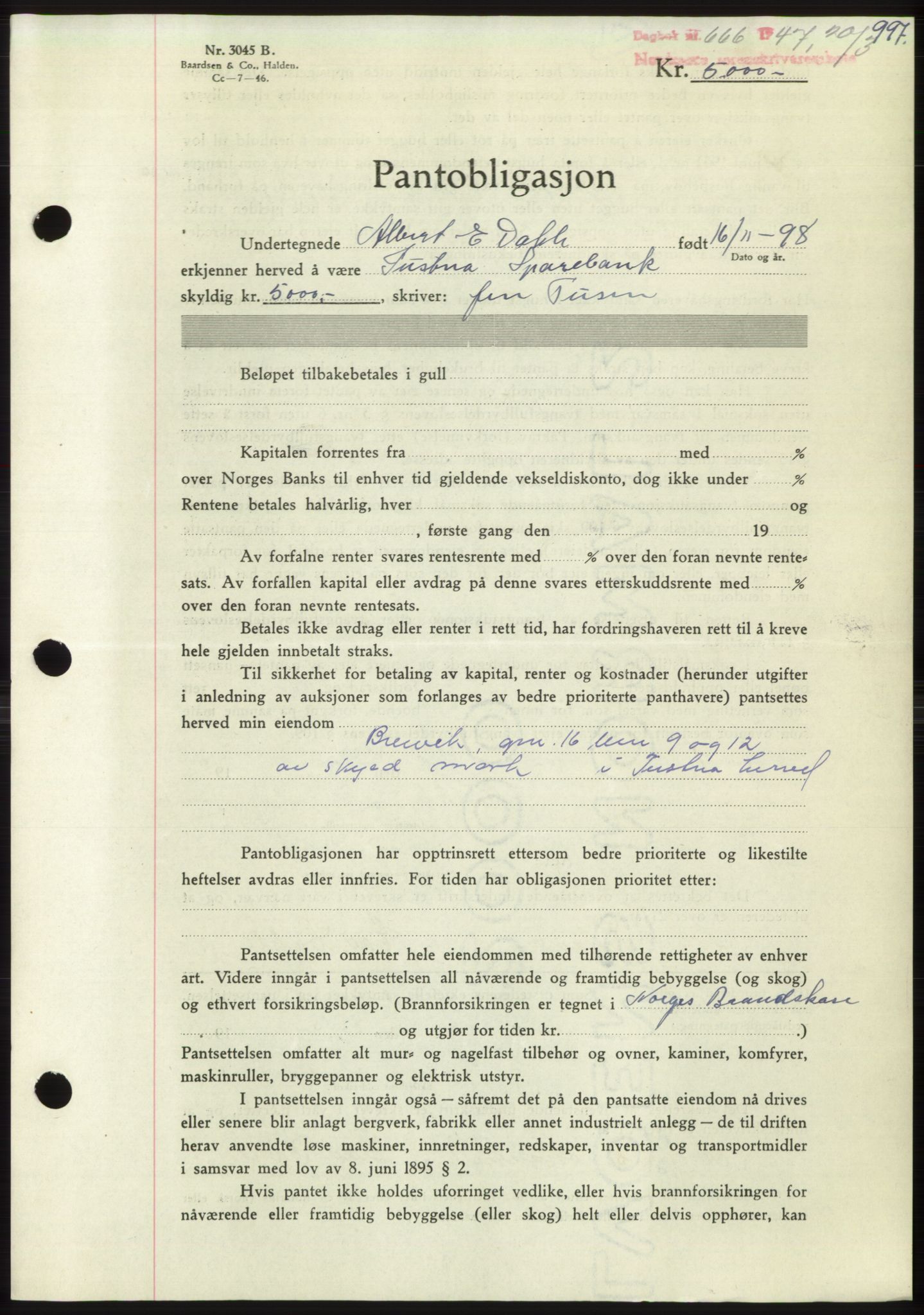 Nordmøre sorenskriveri, AV/SAT-A-4132/1/2/2Ca: Pantebok nr. B95, 1946-1947, Dagboknr: 666/1947