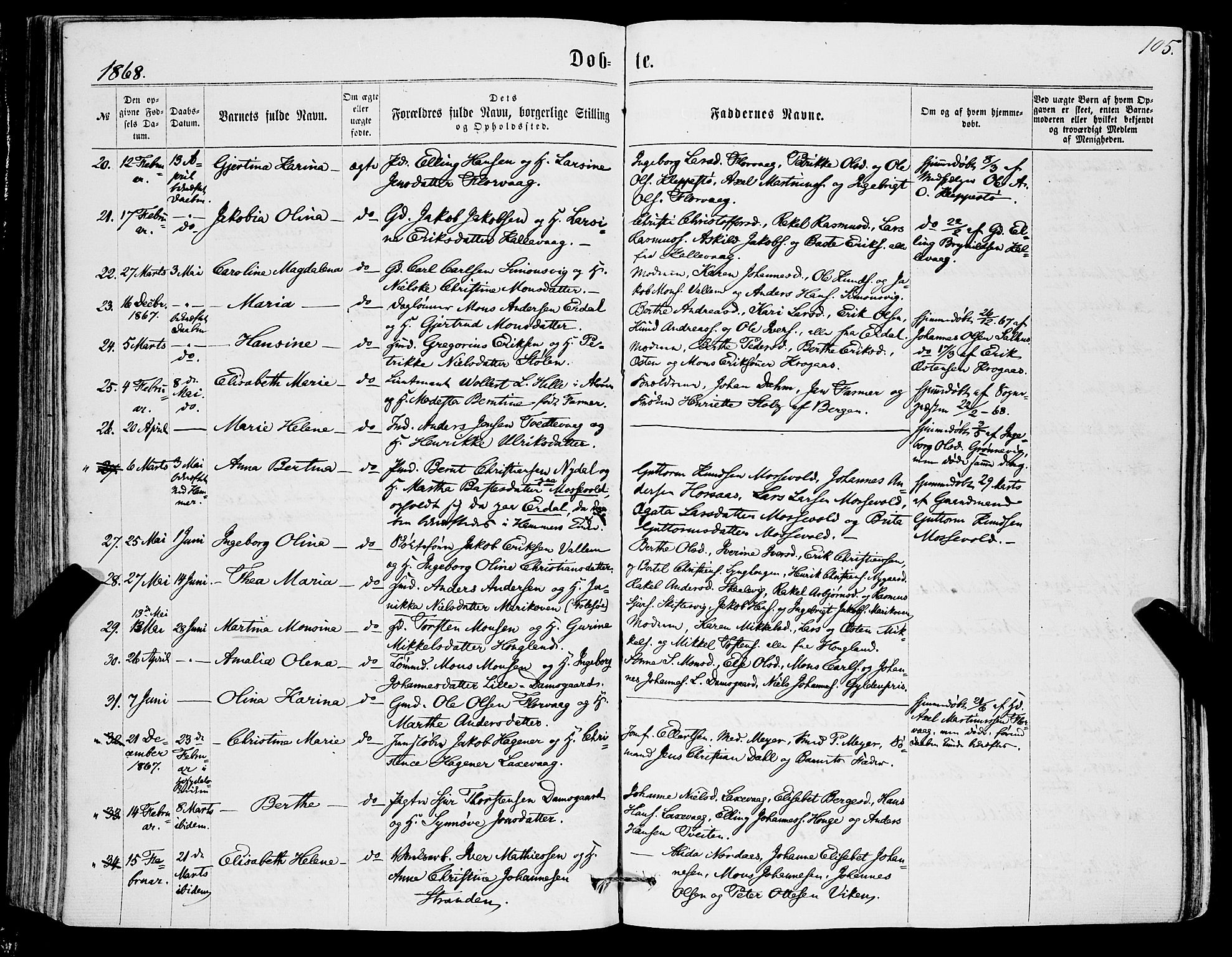 Askøy Sokneprestembete, AV/SAB-A-74101/H/Ha/Haa/Haaa/L0009: Ministerialbok nr. A 9, 1863-1877, s. 105