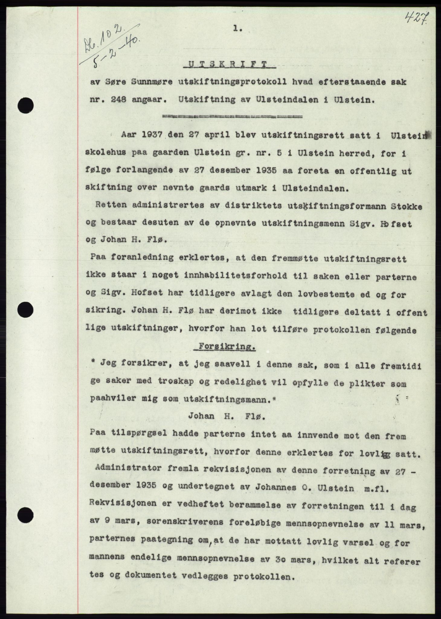 Søre Sunnmøre sorenskriveri, SAT/A-4122/1/2/2C/L0069: Pantebok nr. 63, 1939-1940, Dagboknr: 102/1940