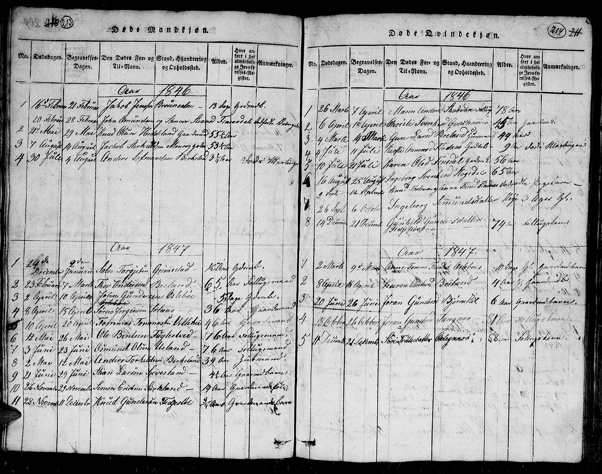 Holum sokneprestkontor, AV/SAK-1111-0022/F/Fb/Fbc/L0001: Klokkerbok nr. B 1, 1820-1859, s. 213-214