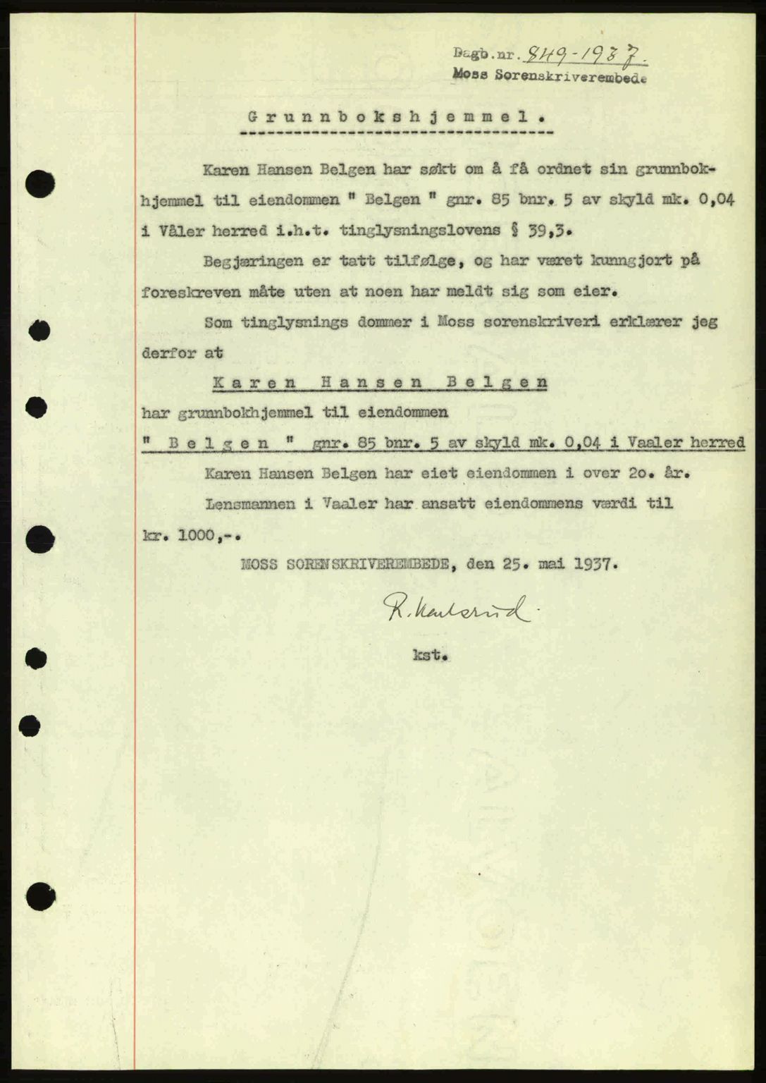 Moss sorenskriveri, SAO/A-10168: Pantebok nr. A2, 1936-1937, Dagboknr: 849/1937